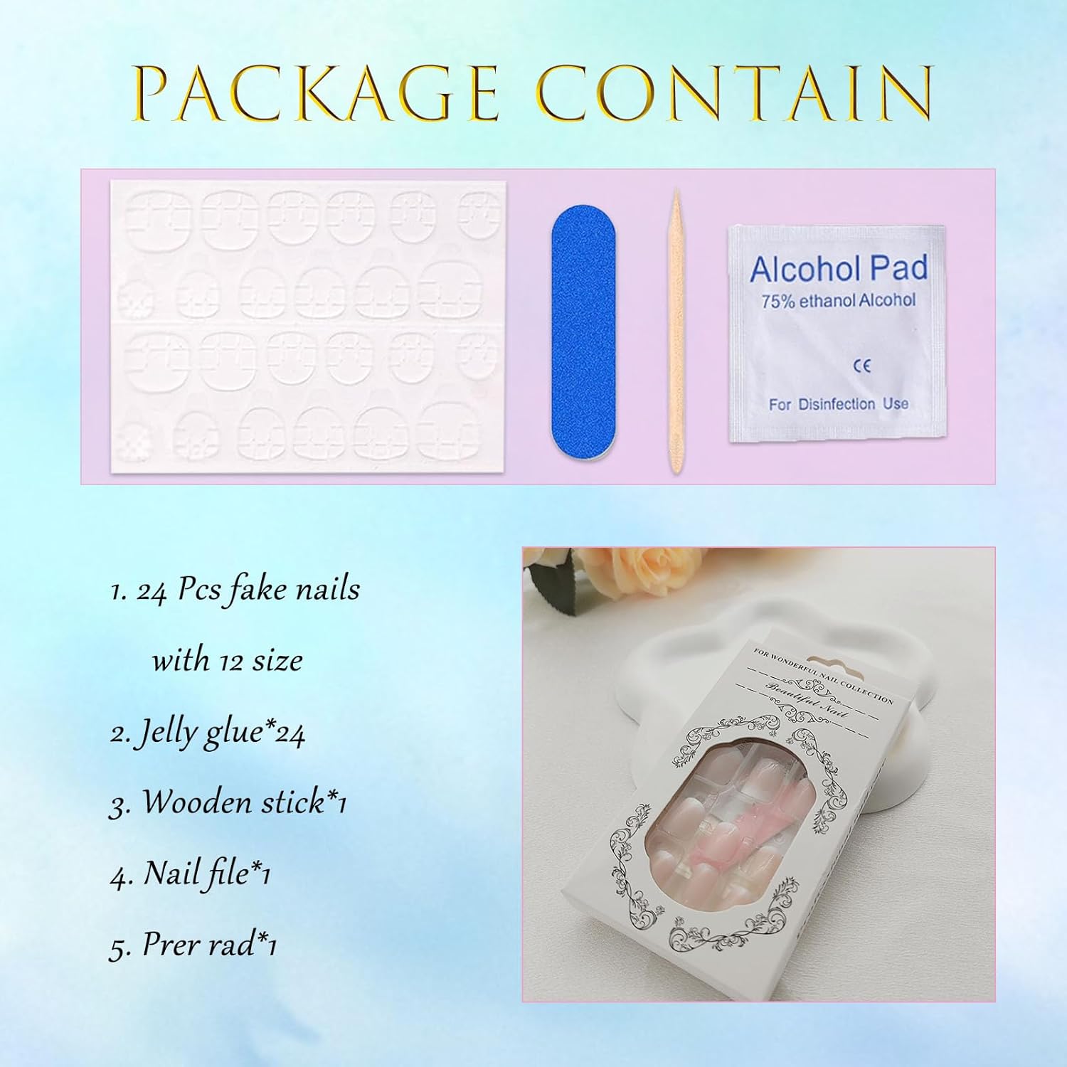 Extra Short Press on Nails Square Nude Ombre Fake Nails Press ons White Glue Stick on Nails with Designs Full Cover Acrylic Glossy Artificial Cute False Nail for Women Girls 24 Pcs - Image 5