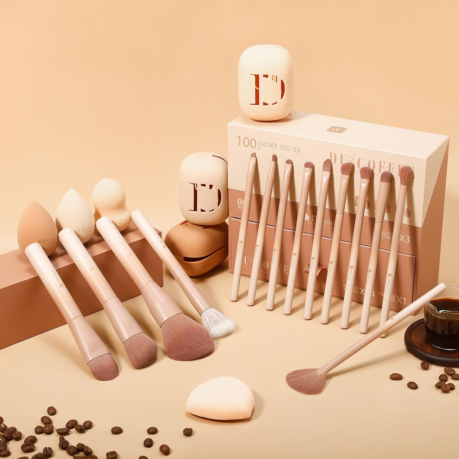 DUcare Makeup Brushes 14Pcs Coffee Series Makeup Brush set with Makeup Sponges Valentines Day Christmas Gifts Foundation Blending Face Powder Blush Eye Shadows Brushes - Image 5