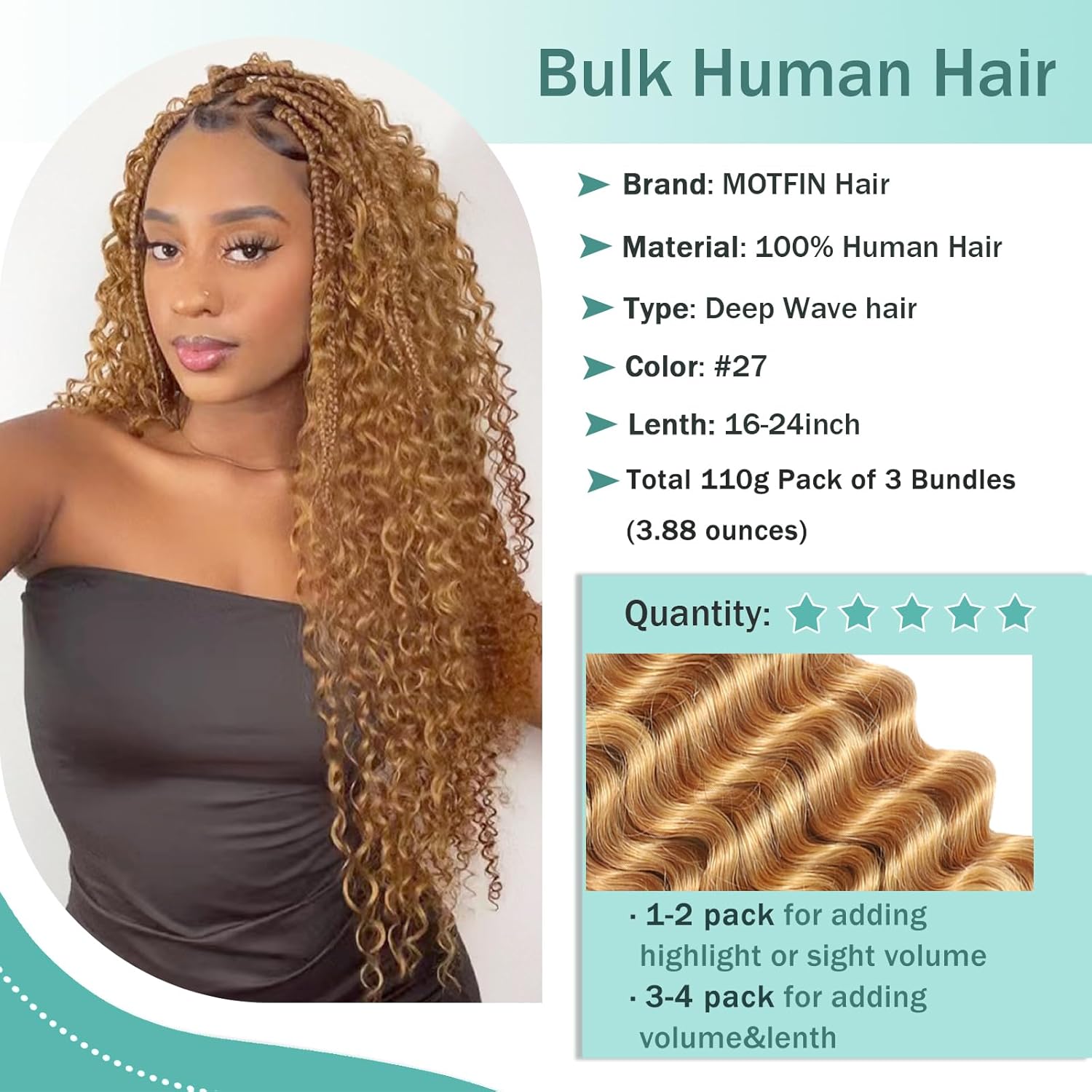 Human Braiding Hair for Boho Braids Human Hair 110g 16 Inch Curly Boho Hair for Braiding Knotless 12A Deep Wave Bohemian 3 Bundles/Pack Caramel Honey Blonde - Image 7