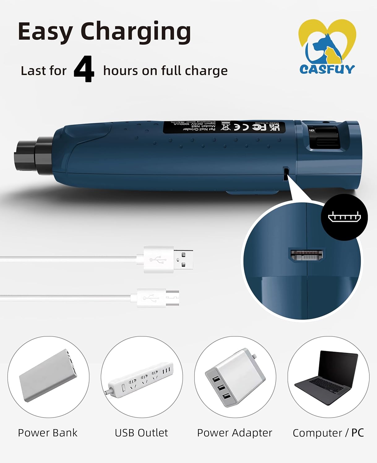 Casfuy Rechargeable 6-Speed Dog Nail Grinder with LED Lights for All Sizes - Image 8