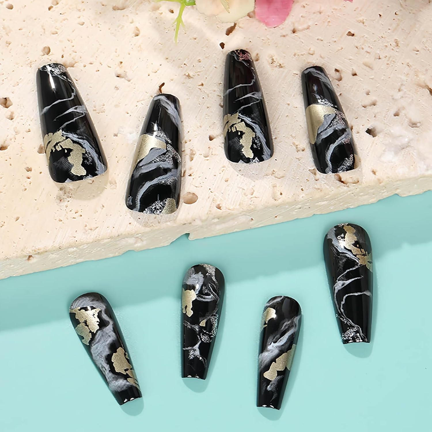 Medium Press on Nails Coffin Fake Nails Black Ombre Glue on Nails Marble Nails Press ons Glitter Acrylic Press on Nail Swirl Artificial Nails Glossy Stick on Nails for Women and Girls 24Pcs - Image 2