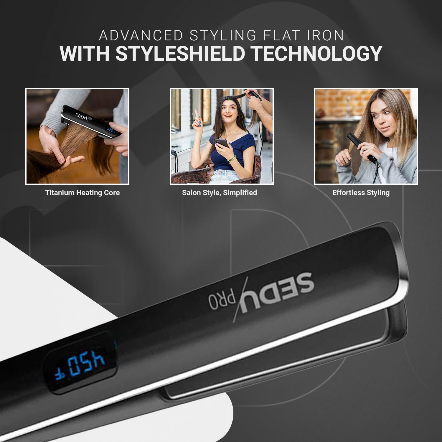 Sedu Pro 1’’ Styling Flat Iron with StyleShield Technology for Professional Salon and Home Use, Digital Temperature Display, Titanium Heating Core - Black - Image 3