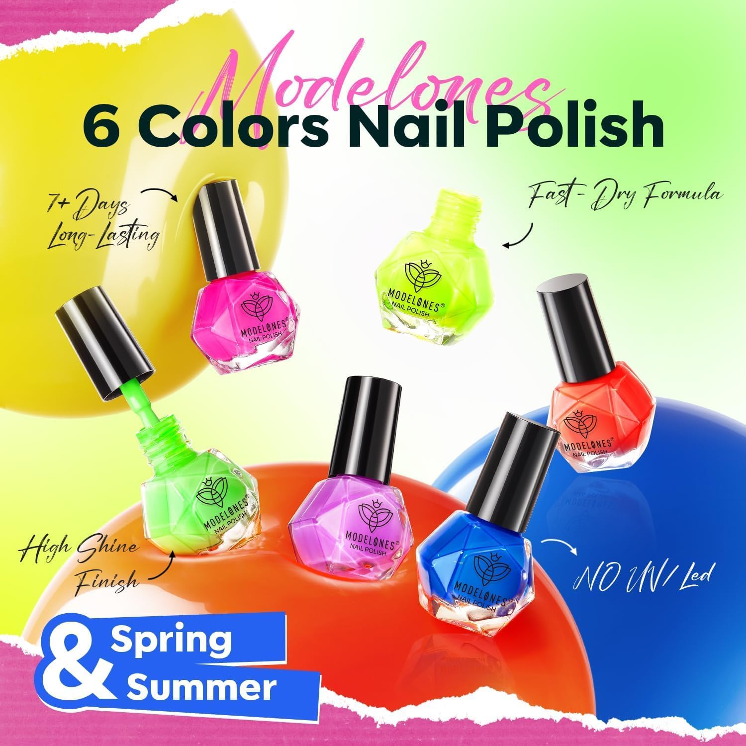 modelones Nail Polish, 6 Colors Summer Neon Blue Green Purple Rose Orange Yellow Quick Dry Mini Starter Kit, Long Lasting Art DIY Manicure Set at Home for Women Girls - Image 5