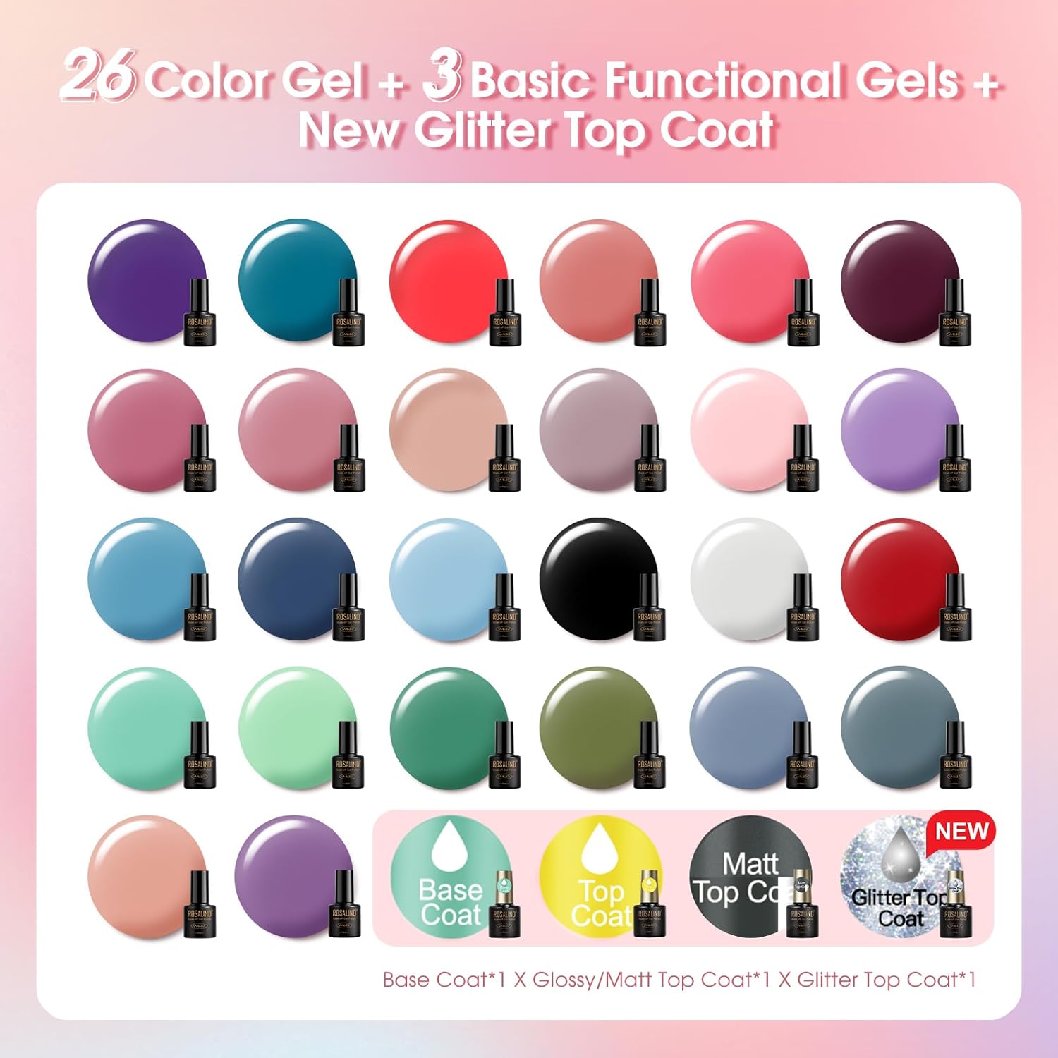 ROSALIND 30PCS Gel Nail Polish Set with Base Coat and Glossy Matte Glitter Top Coat Gel Polish, 26 Multicolored Gel Nail Set for Beginners Nail Art at Home - Image 2