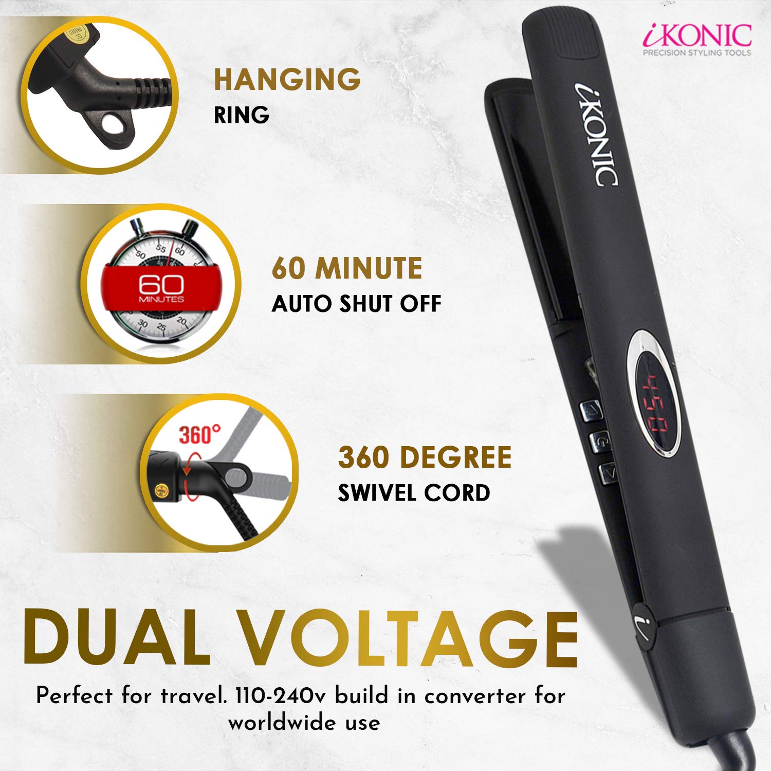 IKONIC 100% Pure Ceramic Hair Straightener & Flat Iron – 1” Floating Curved Plates, Fast Heating, Anti-Static Infrared Hair Iron – Frizz-Free, Sleek Hair Styling Tool for Women & Professionals - Black - Image 5