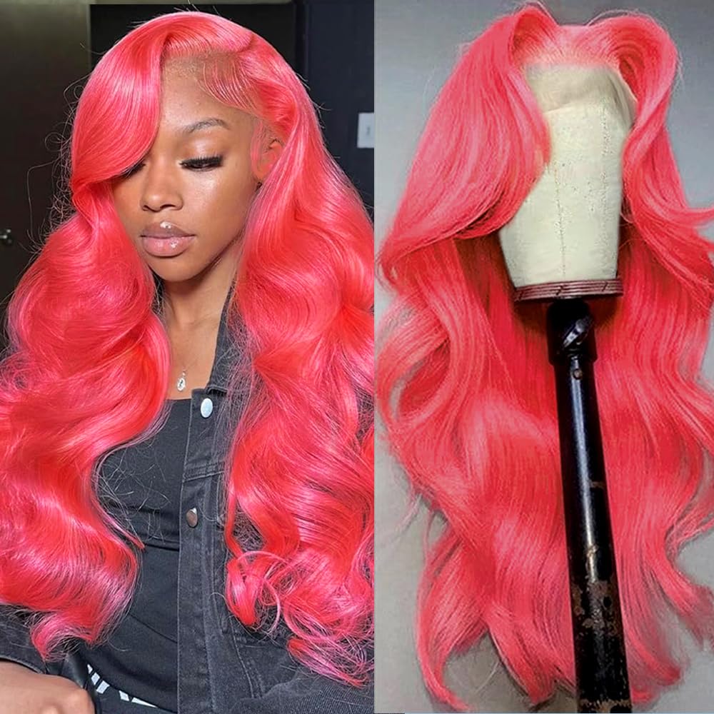 Hot Pink Lace Front Wig Human Hair Body Wave 13x6 Hd Lace Frontal Wigs Glueless Pre Plucked with Baby Hair for Women 180% Density Red Pink Colored 22 Inch