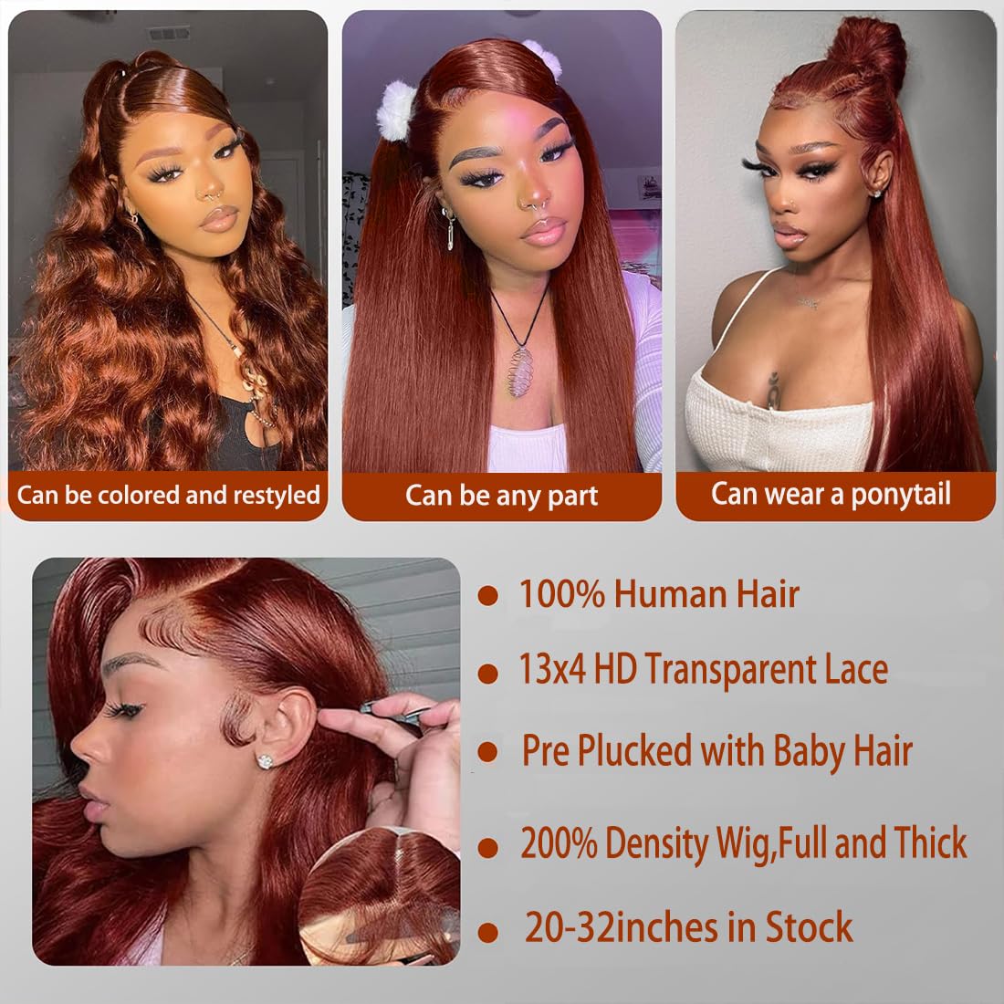 Reddish Brown HD Lace Front Wigs Human Hair Pre Plucked with Baby Hair Brazilian Unprocessed Straight Human Hair 13x4 Lace Front Wig Auburn Copper Colored Wigs for Women (Reddish Brown,22 Inch) - Image 4