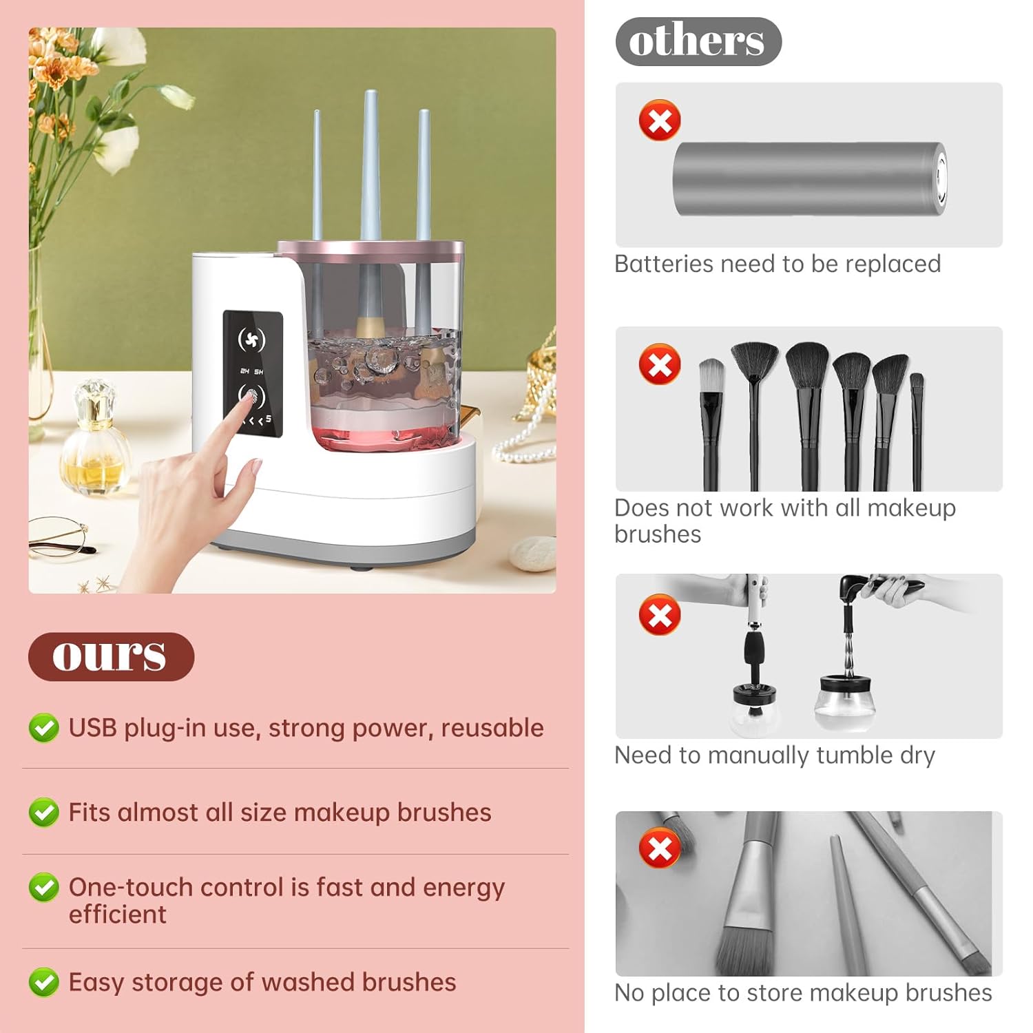 3 IN 1 Electric Makeup Brush Cleaner Machine With Makeup Brush Dryer-Holder-Portable Automatic USB Cosmetic Brushes Cleaner Tool for All Size Beauty Makeup Brush Set,Contour, Eyeshadow, Blush Brush - Image 2