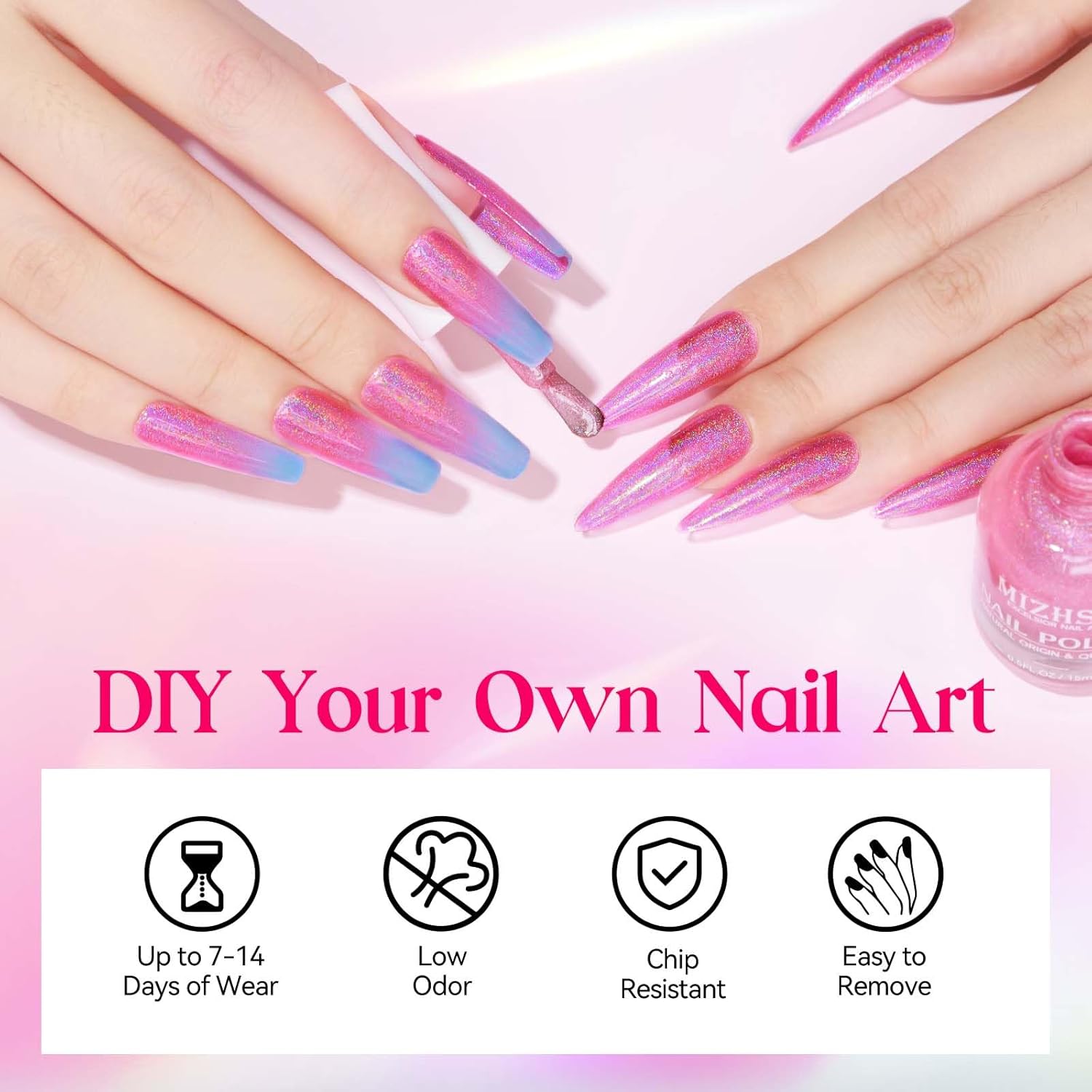 MIZHSE Holographic Nail Polish, Pink Glitter Nail Polish Air Dry Fast, 15 ml High Glossy Shimmer Nail Pigment Oil-based Laser Iridescent Nail Lacquer Chrome Halo Nail Art Salon Manicure Home - Image 6