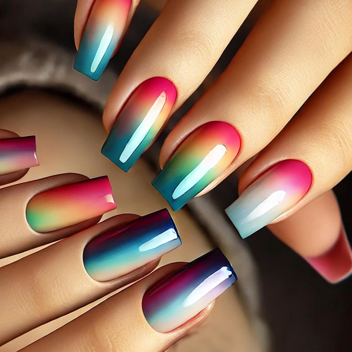 Ombre Press on Nails Colorful Gradient Smudge Fake Nails Medium Square False Nails Glossy Acrylic Nails Reusable Glue on Nails Spring Summer Full Cover Stick on Nails for Women 24Pcs - Image 4