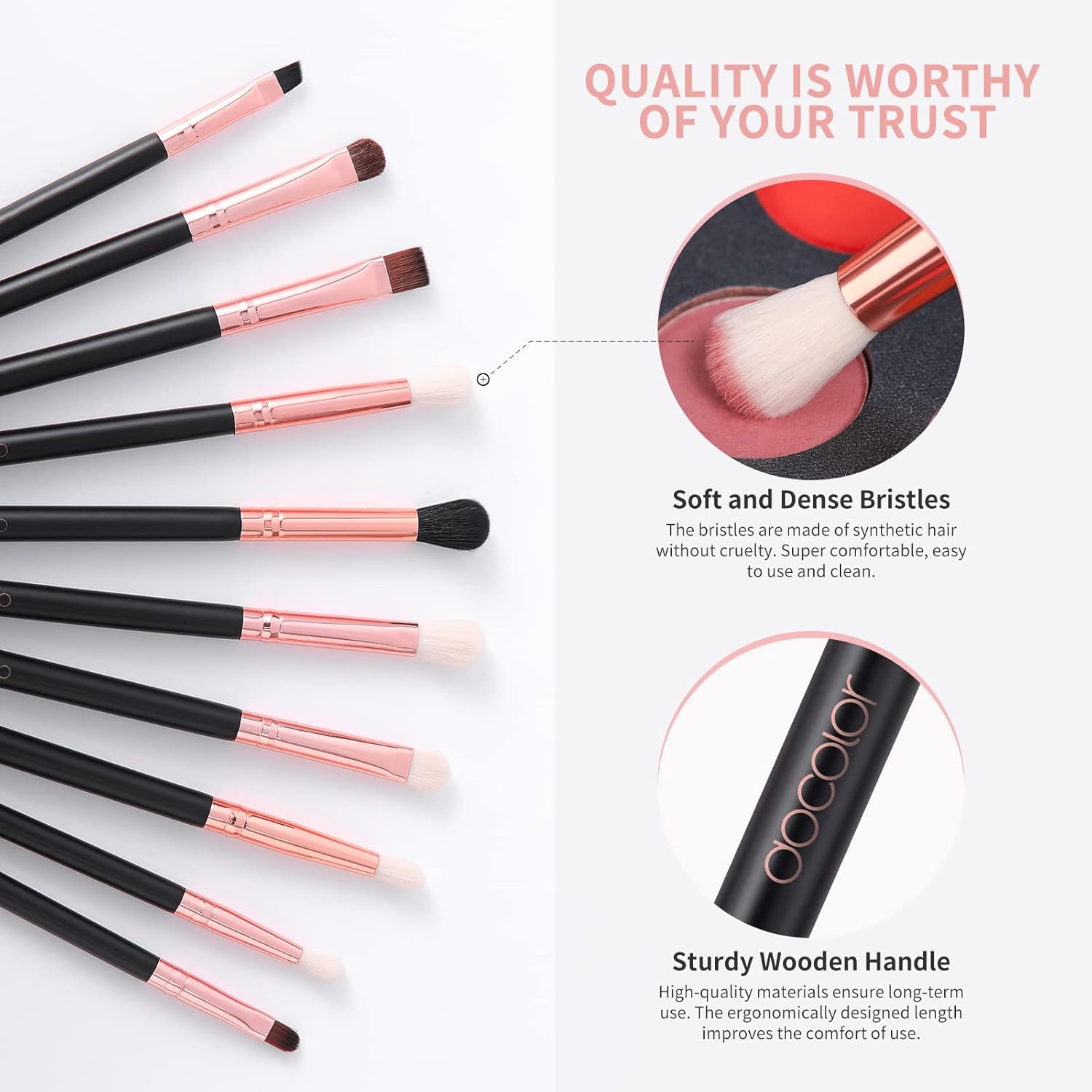 Docolor Eyeshadow Brushes Professional Eye Makeup Brushes Set Eyeshadow Eyeliner Concealer Eyebrow Blending Brushes Eye Make Up Brush Kit with Gift Box (10 Pcs,Black with Rose Gold,Wooden Handles) - Image 3