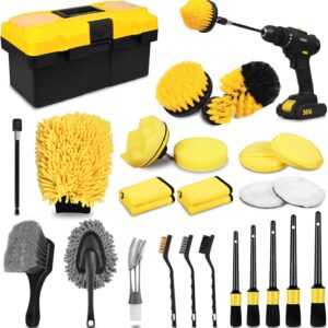 27Pcs Car Detailing Kit, Car Detailing Brush Set, Auto Detailing Drill Brush Set, Car Detailing Brushes, Car Wash Kit, Car Accessories, Car Cleaning Tools Kit for Interior, Exterior, Wheels