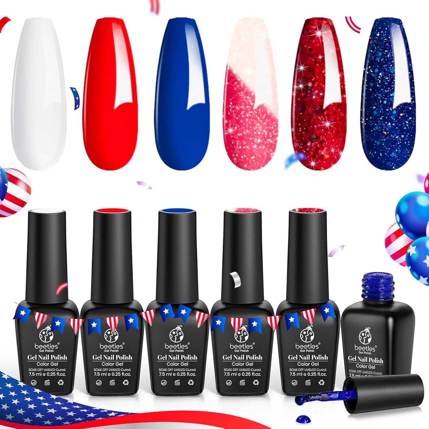 Beetles 4th of July Gel Nail Polish - Red White and Navy Blue Colors Gel Polish Royal Blue Glitter Color Changing, Soak Off Nail Uv Lamp Cured Fourth of July Nails