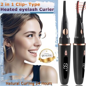 Heated Eyelash Curlers - 2 in 1 Clip- Type Heated lash Curler Best Seller Electric Eyelash Curler LED Display 3 Temp Settings for Makeup Tools USB Rechargeable Natural Curling 24H Long Lasting-B1C