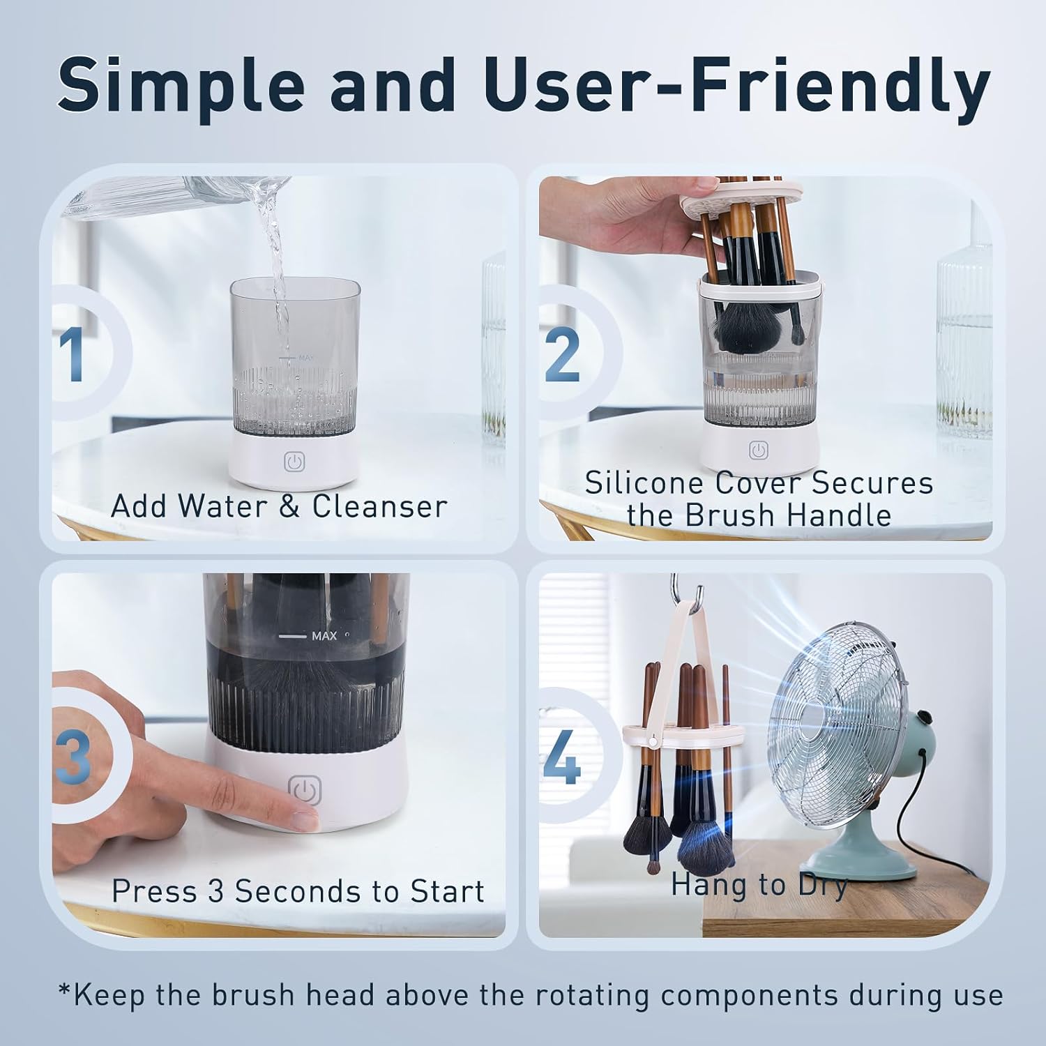 Electric Makeup Brush Cleaner - 9000 RPM Makeup Brush Cleaning Machine, IP65 Waterproof Automatic Makeup Brush Cleaner for Makeup Sponges and Brushes(White) - Image 5