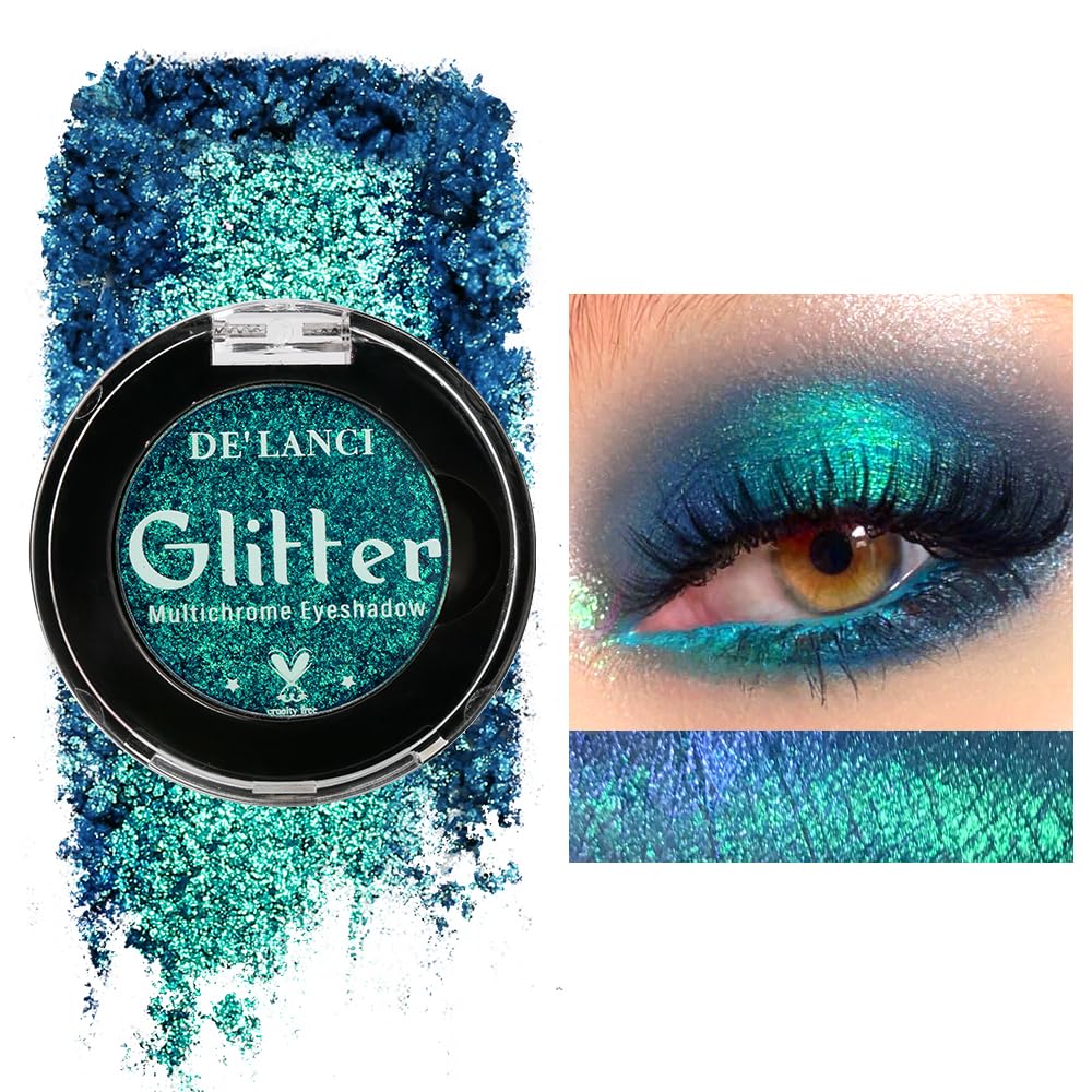 DE'LANCI Multichrome Peacock Green Eyeshadow Single, St. Patrickโs Day Metallic Glitter Eye Cosmetic, Sparkly Emerald Shimmer Makeup for Festive, Intense Long-Lasting Eyeshadow for Blue/Green Eyes - Image 2