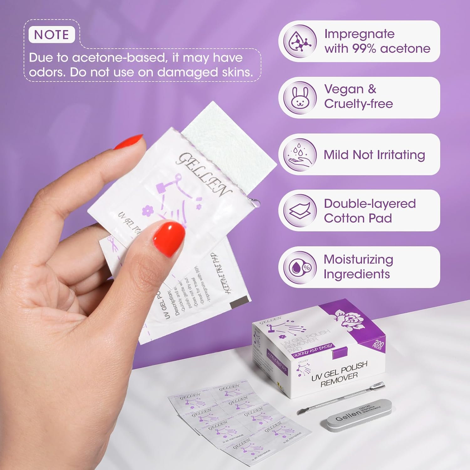 GELLEN Acetone Gel Polish Remover Pads, Professional Nail Polish Remover Pads, 200 Pack Travel Bulk Set with Tools, Individually Wrapped Quick & Effective Soak Off Gel Remover for Salon Home - Image 4