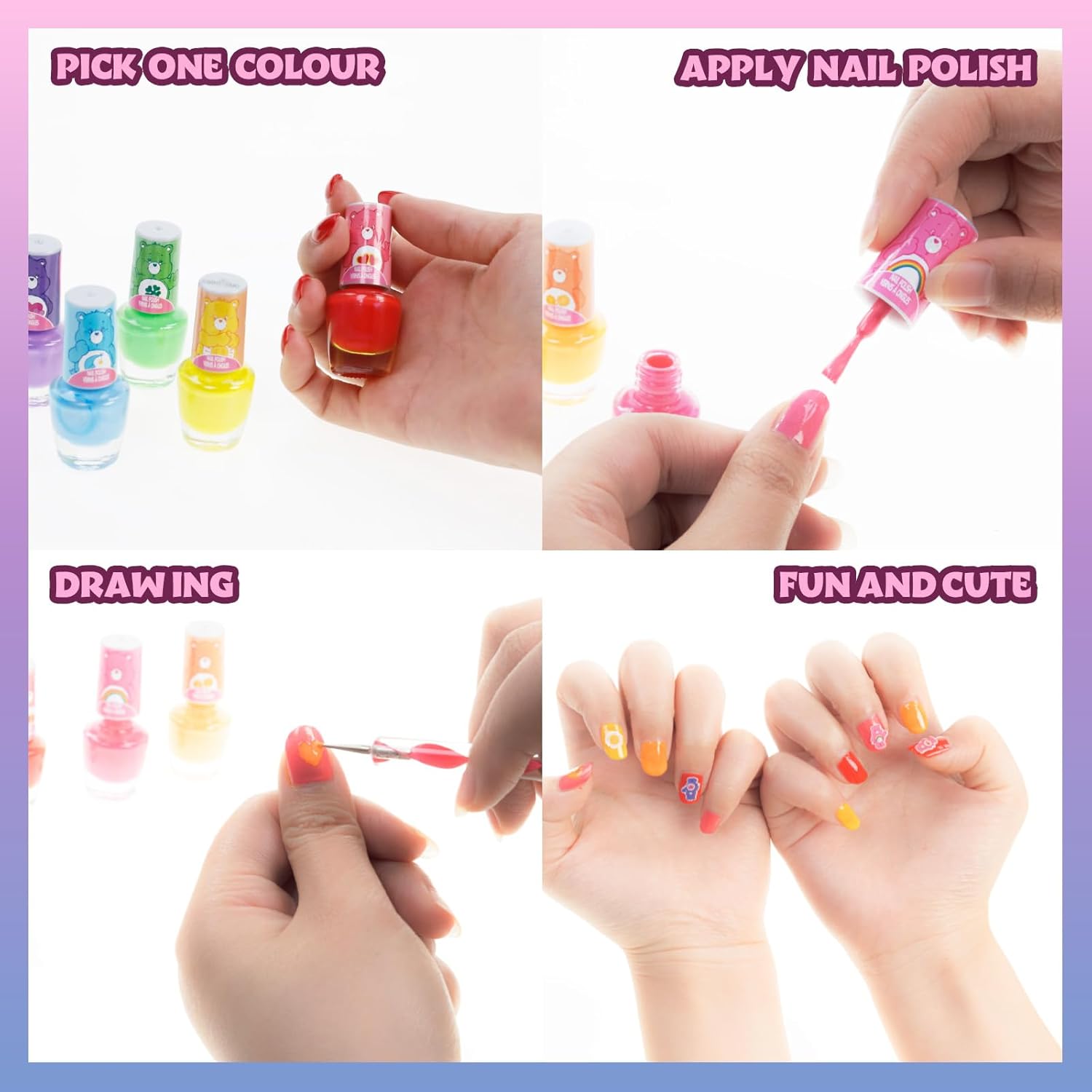 Townley Girl Care Bears 8 Piece Tie-Dye Kids Nail Polish Set | Non-toxic & Quick Dry Nail Polish with Nail Stickers | Birthday Gifts for Ages 3 - Image 4