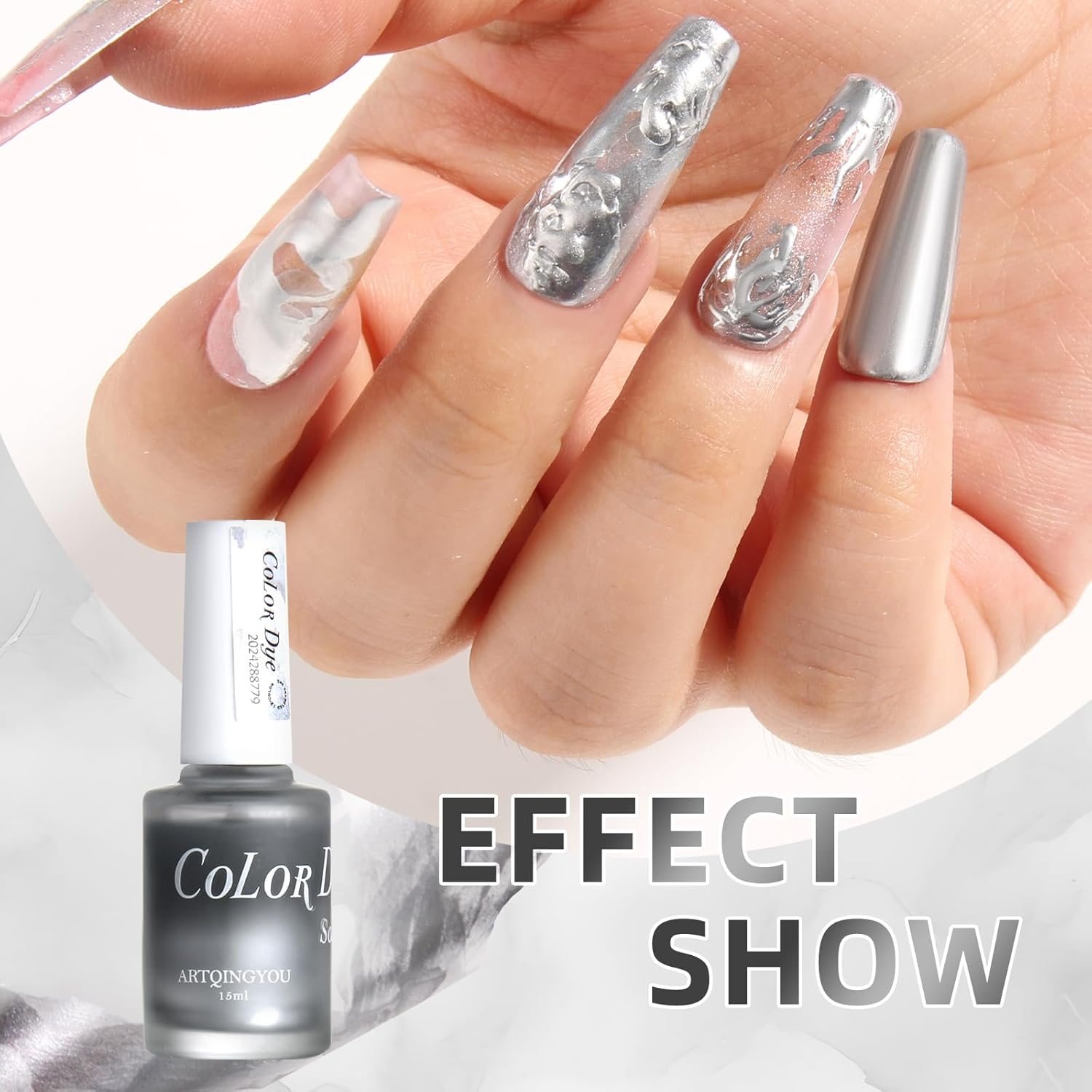 Metallic Marble Nail Polish, 15ml Metal Blooming Gel Nail Polish Mirror Effect Silver Nail Polish, Metallic Painted Drawing Striper Gel Polish for Spreading Effect Swirl French Nail Design - Image 2