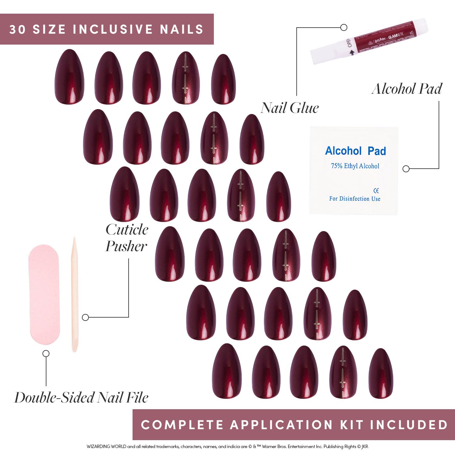 Harry Potter™ x Glamnetic Press On Nails - Gryffindor™ | Scarlet Red Lightning Graphic Short Almond False Nails, Reusable Stick On Fake Nails with Glue | Salon Quality | 15 Sizes - 30 Nail Kit - Image 4