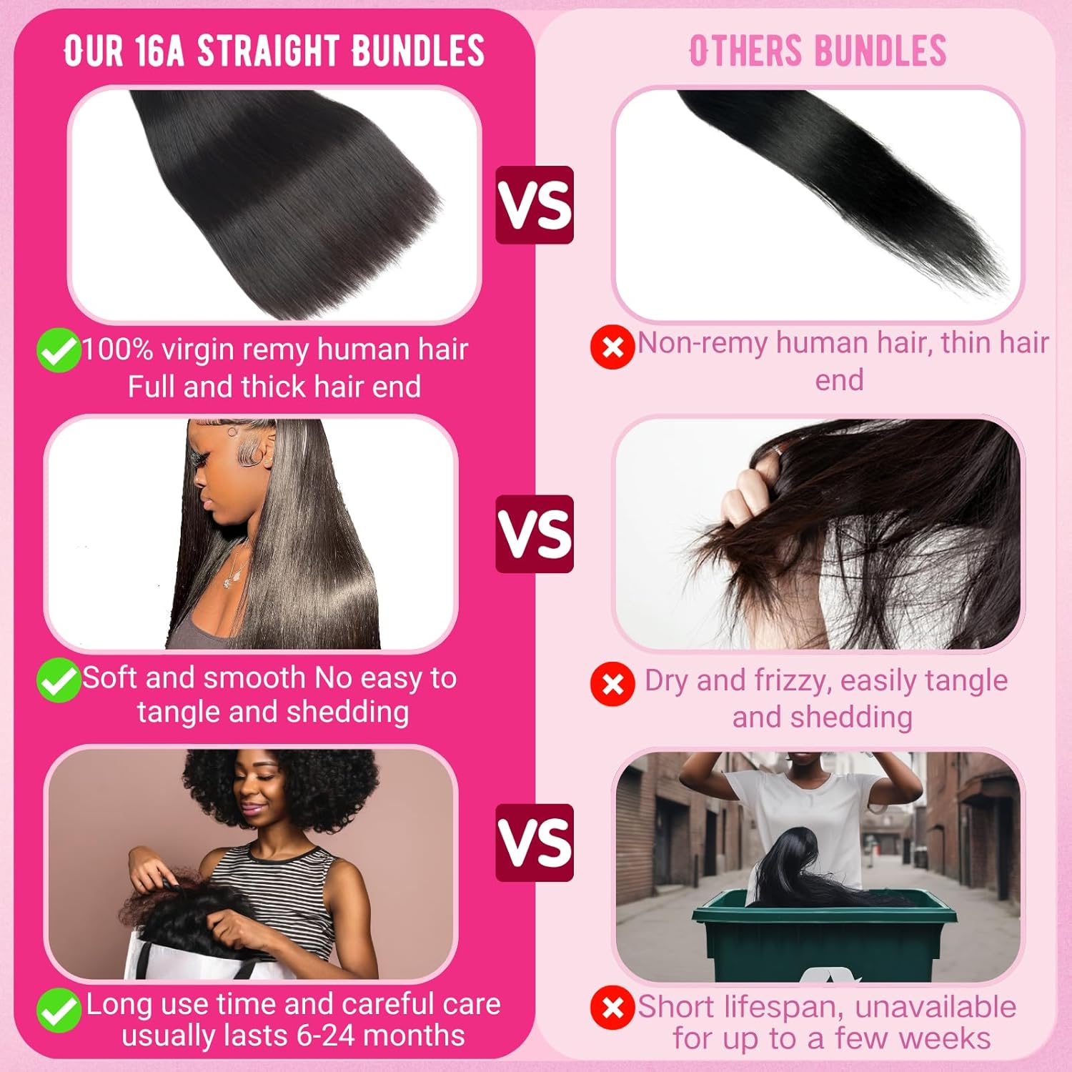 Beauty Queen 16A Straight Bundles Human Hair (18 20 22 Inch) 100% Unprocessed Human Hair Bundles Straight Weave Thick 3 Bundles Remy Brazilian Virgin Hair Extensions for Women Natural Black Color - Image 3