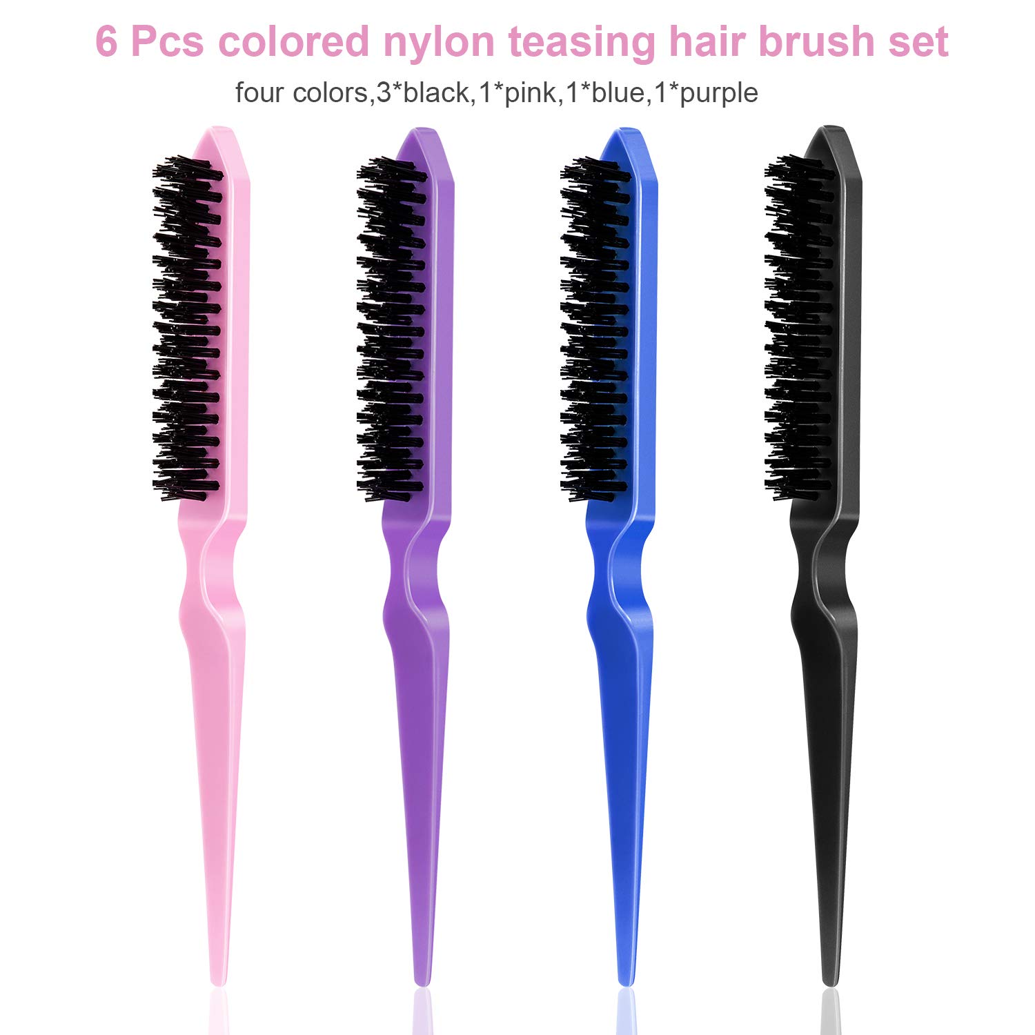 Yaomiao 6 Pcs Nylon Rat Tail Brush Set for Women - Three Row Salon Brushes for Back Combing, Root Volumizing, and Scalp Massage - Image 4