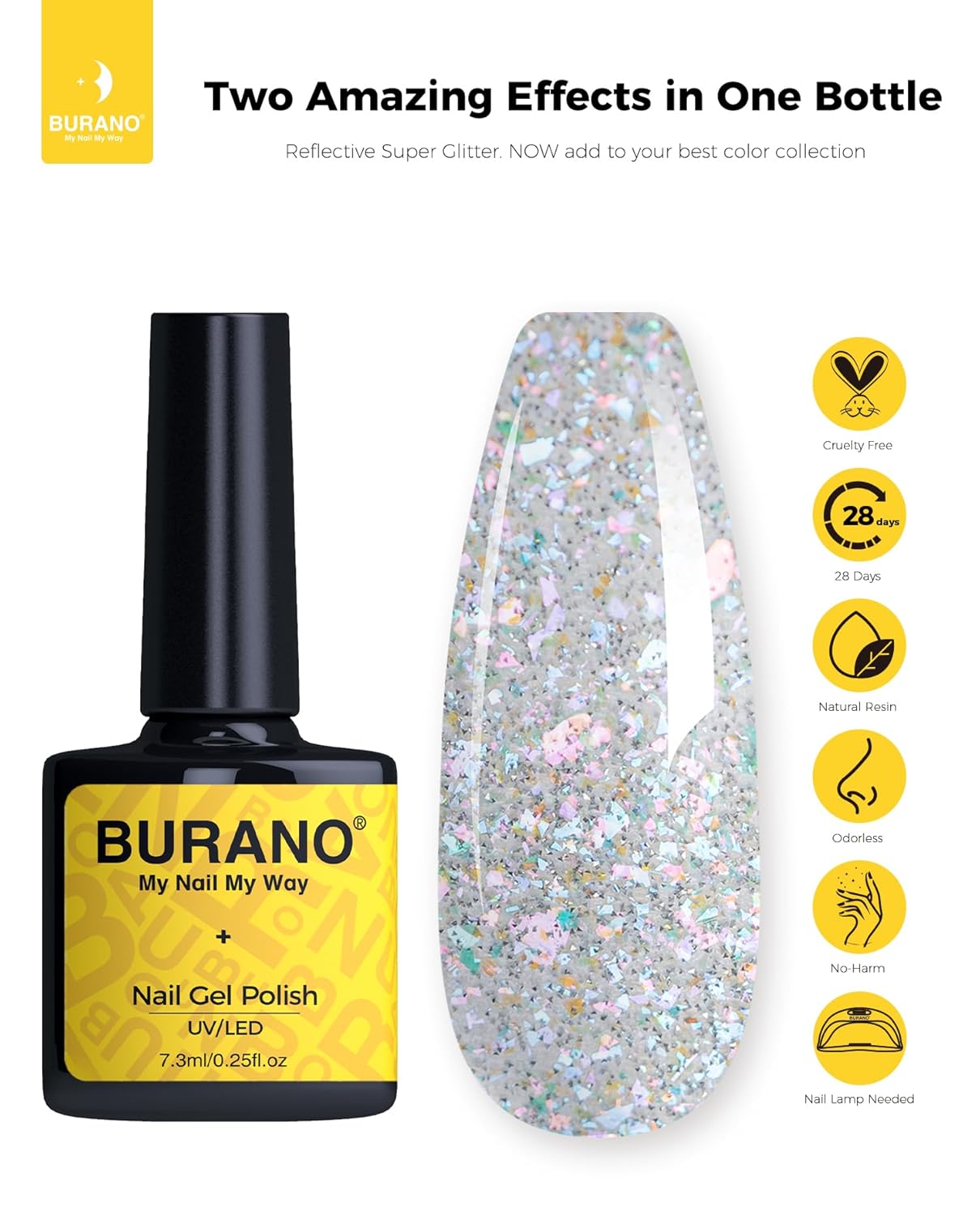 BURANO Holographic Gel Polish, Reflective Glitter Gel Polish 7.3ml UV LED White Silver Glitter Gel Nail Polish for Home DIY, Diamond Gel Nail Polish Curing Required (YH11) - Image 8