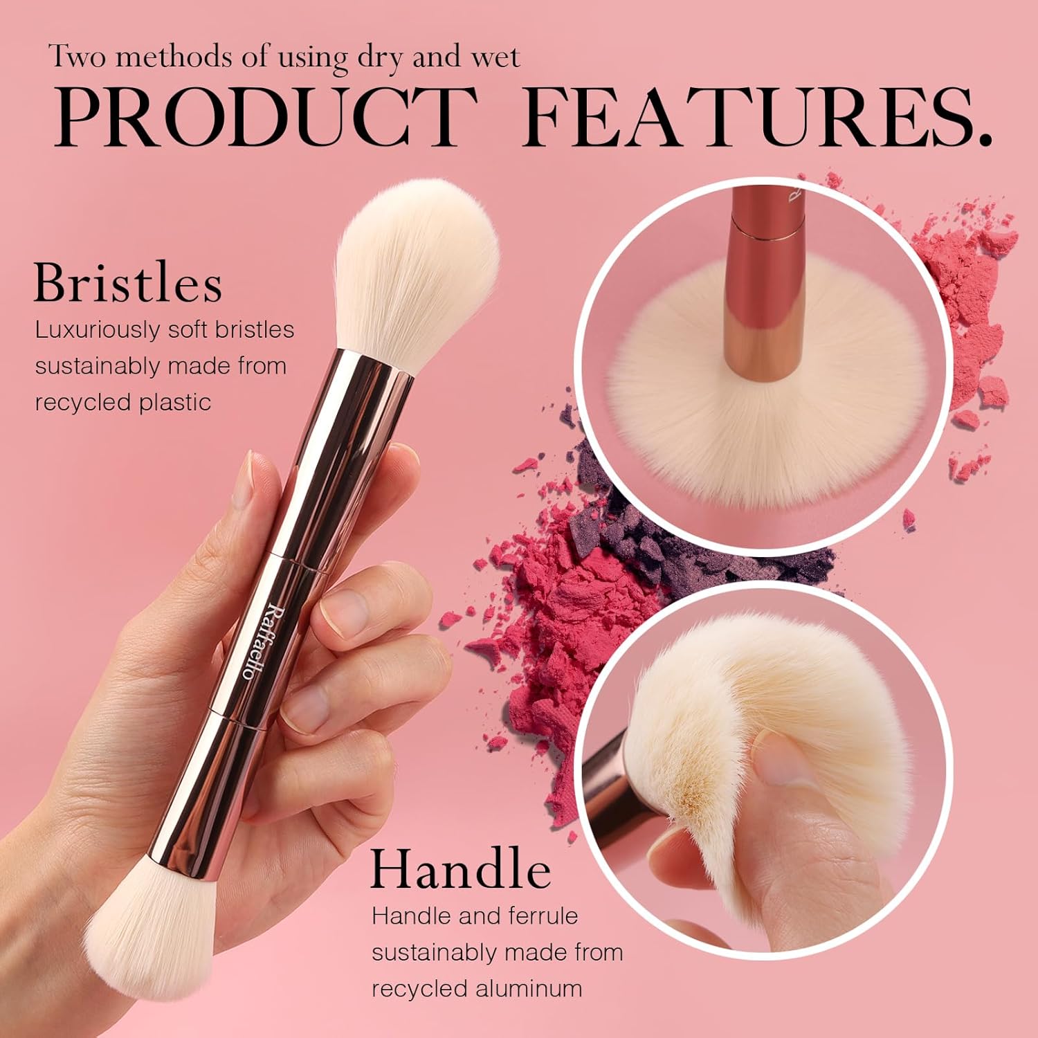 Raffaello 6-in-12 Dual-Ended Makeup Brushes Set, Sustainable Rose Gold Brushes with Recycled Materials, Includes White Faux Leather Pouch, Professional Face & Eye Makeup Kit for Travel and Daily Use - Image 2