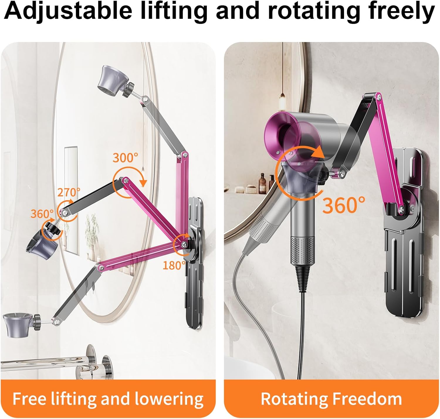 Adjustable Blow Dryer Holder Wall Mounted Storage,Bathroom Blow Dryer Holder,Height Angle,Metal Material Compatible with 99% Hair Dryer Hanger, Suitable for countertop use - Image 8