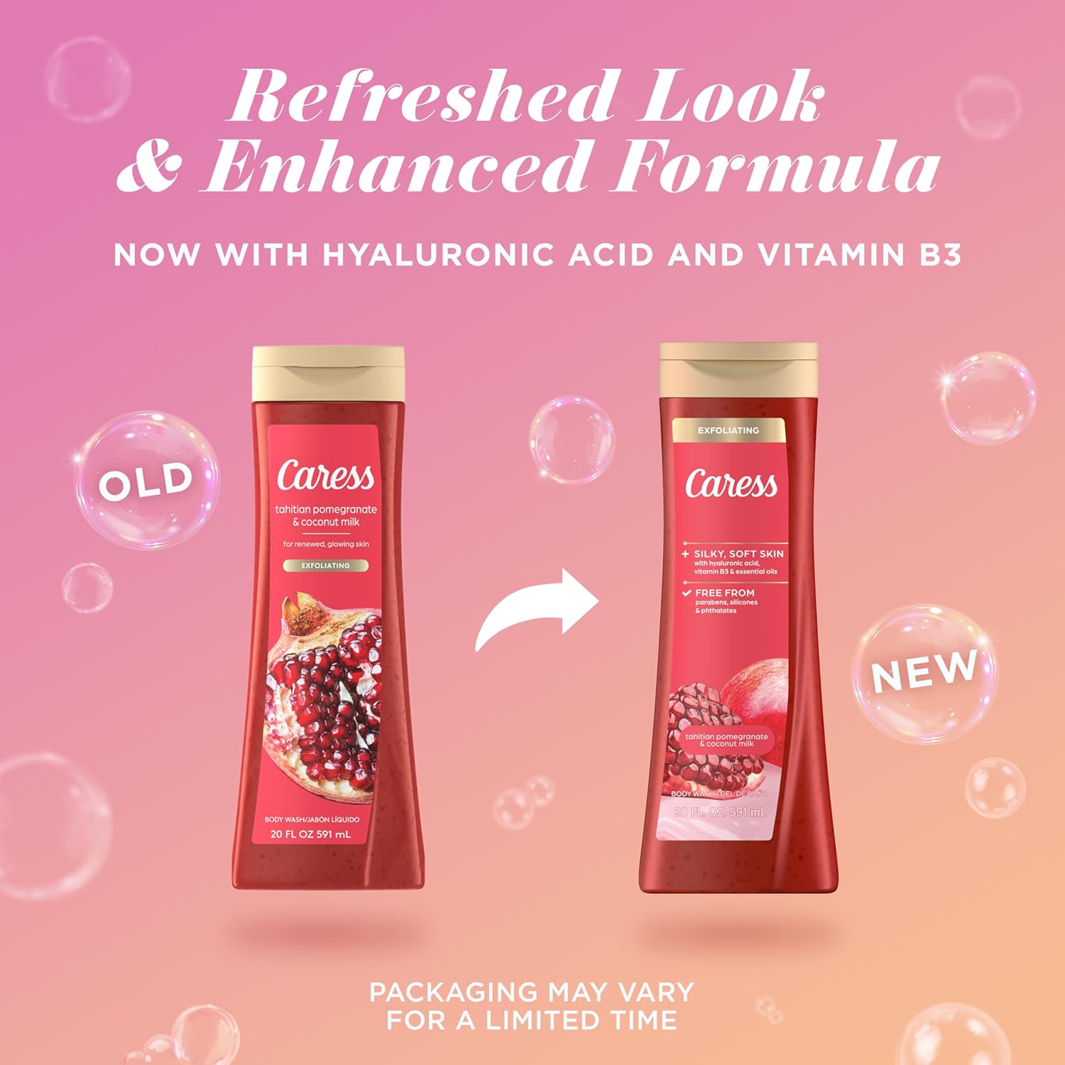 Caress Body Wash for Women, Tahitian Pomegranate & Coconut Milk, Exfoliating Shower Gel for Renewed, Glowing Skin, 20 fl oz, 4 Pack - Image 3