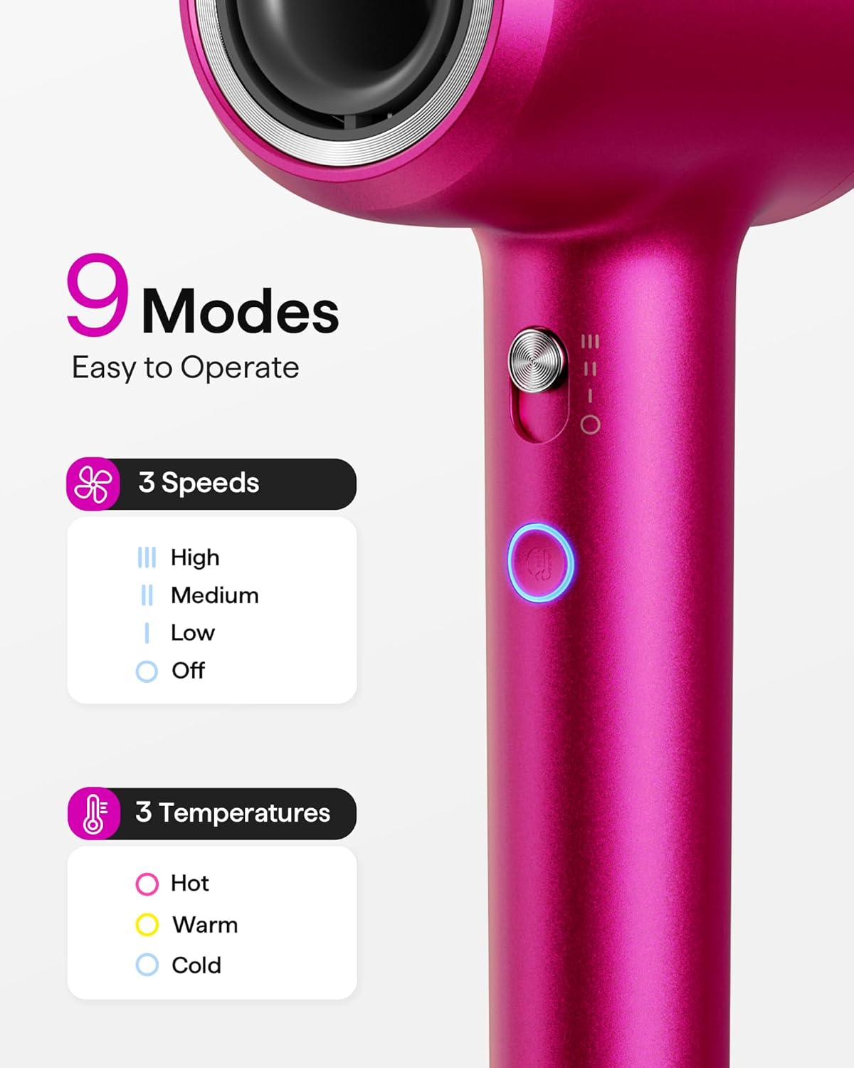 Wavytalk Hair Dryer, Wavytalk Turblow Pro Fast Drying Blow Dryer with Diffuser, High Speed Hair Dryer with 110,000 RPM, Pro Negative Ions for Less Damage, Frizz Smoothing 3 Speeds & 3 Temps, Hot Pink - Image 5