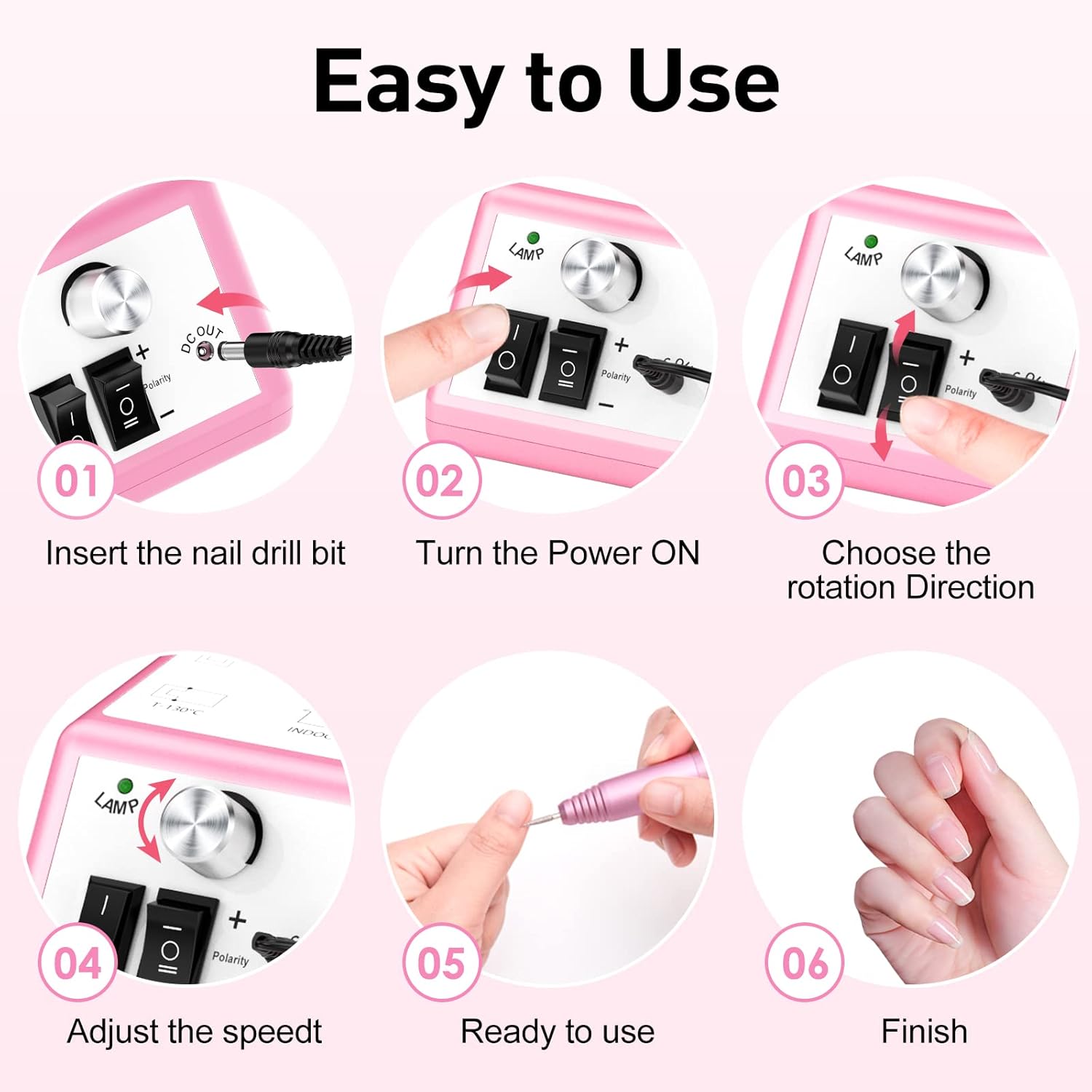 Pink Professional 20000 RPM Electric Nail Drill Kit Acrylic Gel Manicure Polish Remover with Sanding Bands - Image 6