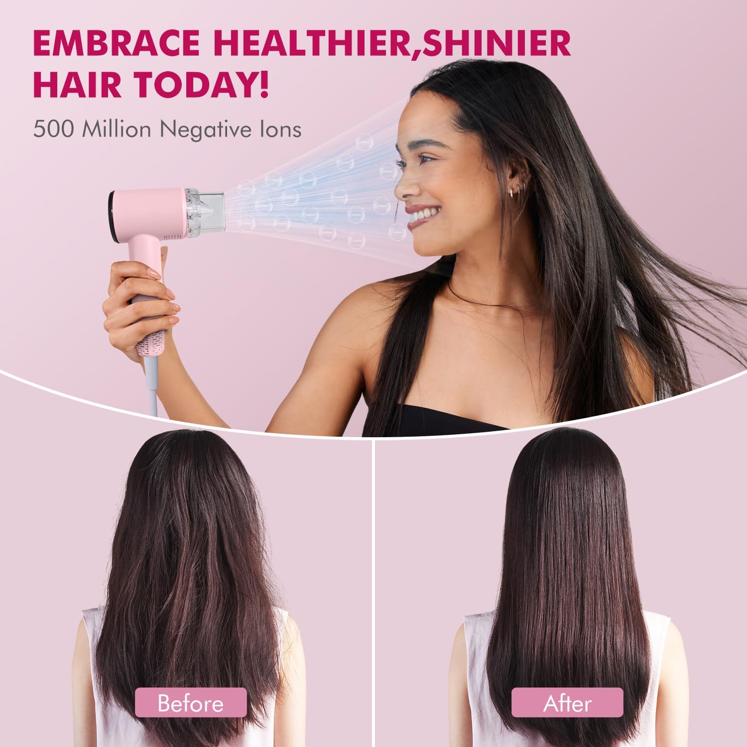 Pink Mini Travel Hair Dryer for Women, 110000 RPM High-Speed Compact Blow Dryer, Portable Fast Drying, Low Noise, Magnetic Nozzle - Image 5