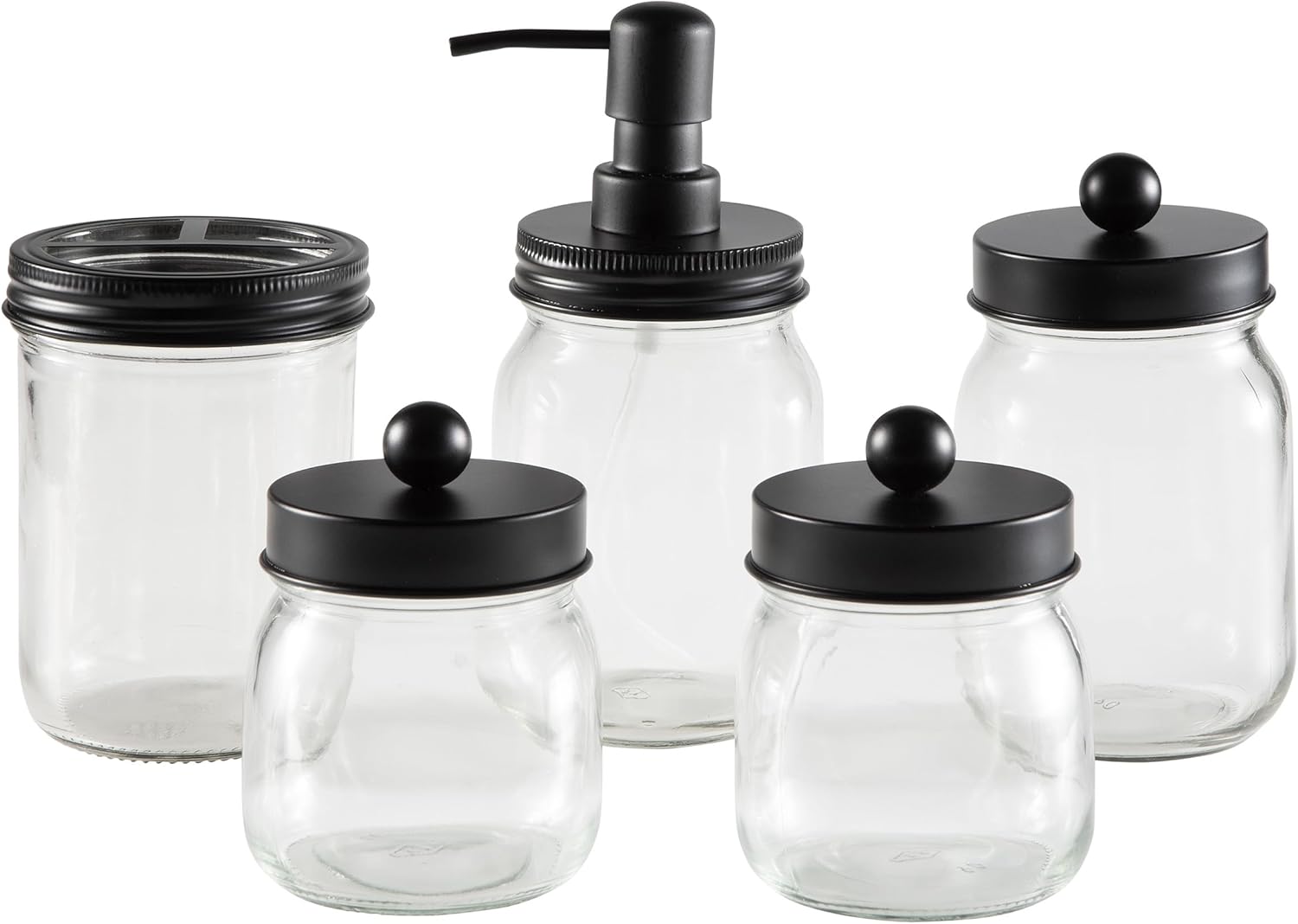 Mason Jar Bathroom Accessories Set – 5-Piece Bathroom Set with Toothbrush Holder, Soap Dispenser, Canister, and 2 Small Jars by Lavish Home (Black) - Image 2