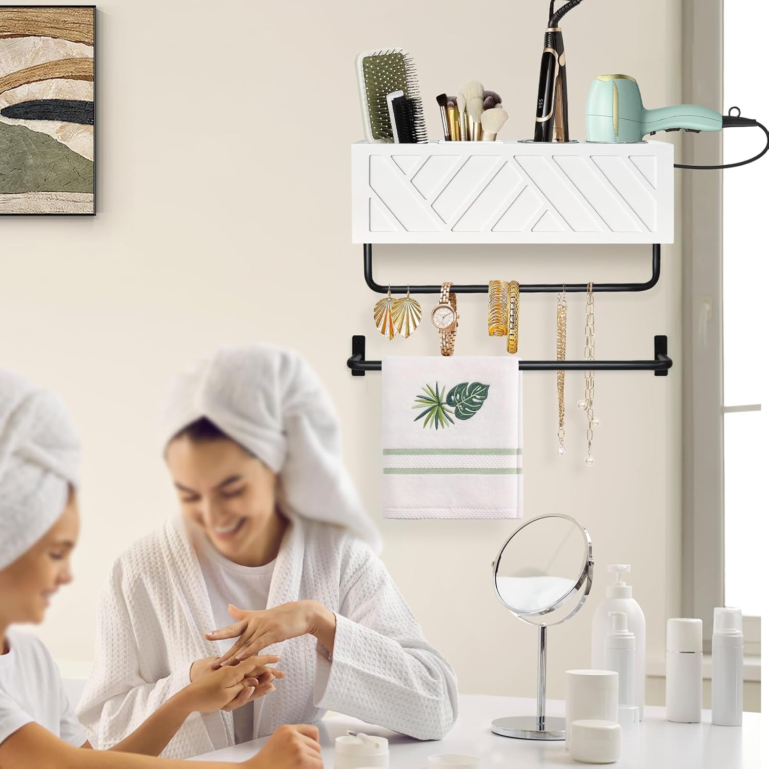 Hair Tool Organizer Wall Mount, Hair Dryer Holder with 2 Towel Bars, Wood Hot Tools Organizer, Rustic Bathroom Organizer Blow Dryer Holder for Bathroom Decor, Flat Iron, Curling Wand, Brushes(White) - Image 2