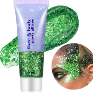 Go Ho Green Face Body Glitter,St Patricks Day Face Glitter Makeup,Green Face Paint Holographic Chunky Sequins Glitters for Eye Lip Hair Nails,Festival Rave Accessories,52g