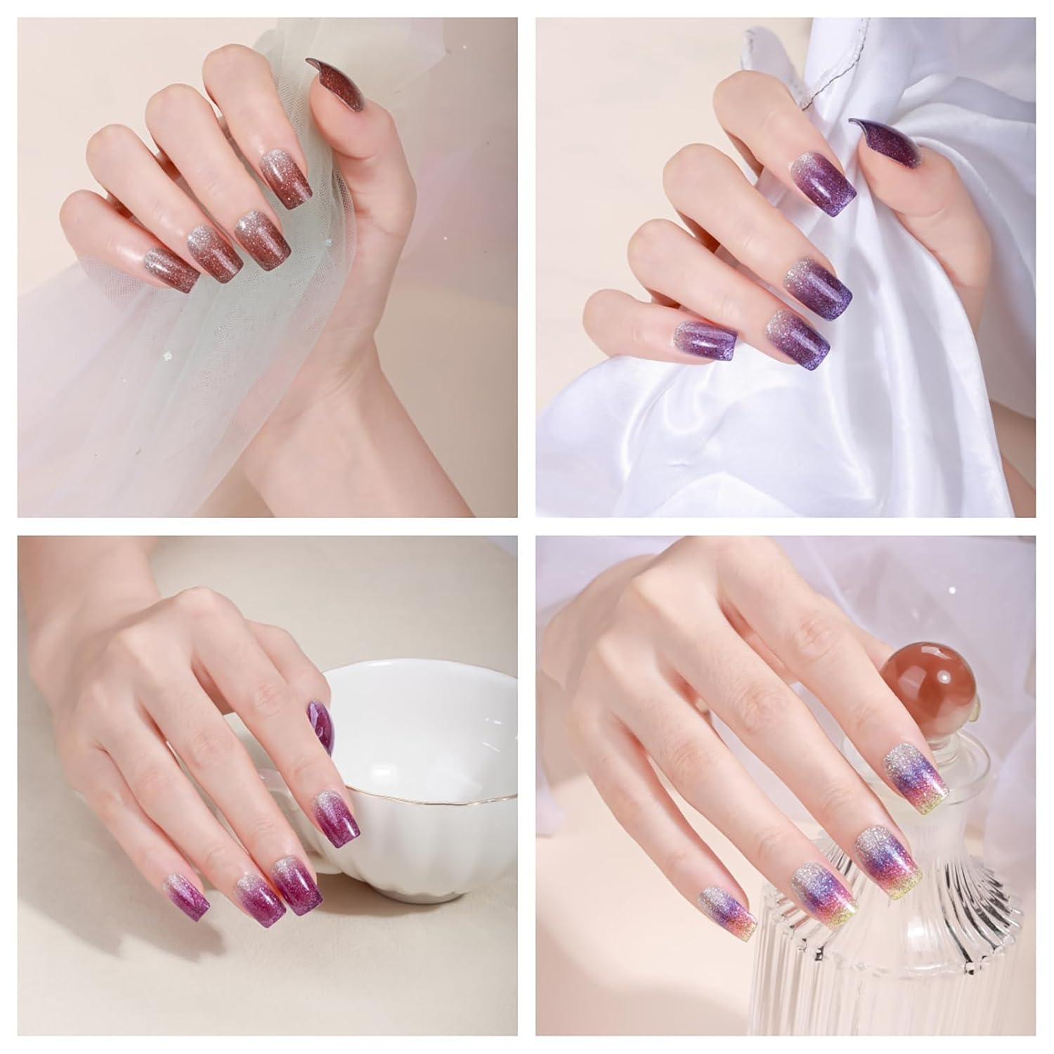 8 Sheets Gradient Glitter Nail Wraps Full Stickers Nail Polish Strips, DIY Self-Adhesive Fashion Color Nail Art Decals Party Women Decor with 1 Pcs Nail Files (128 Pieces) - Image 6