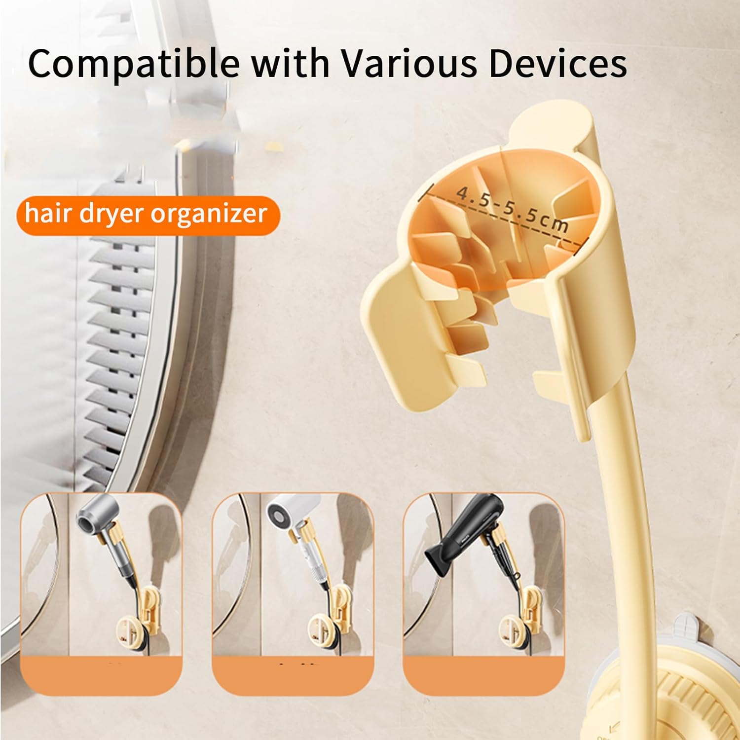 Hands-Free Hair Dryer Holder Wall Mounted with 360° Adjustable Hose, Suction Cup Installation, Built-in Mirror, and Cord Organizer for Blow Dryer, Curling Iron, No Drilling Required - Image 11