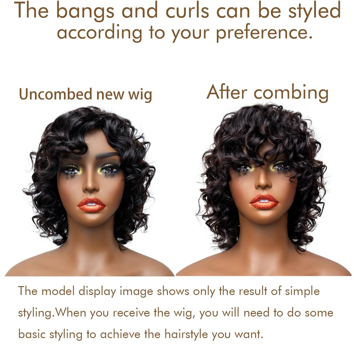 12inch short water wave wig with bangs glueless wear and go, 100% human hair wigs for black women, machine made, no lace, light and comfortable (wavy/natural black, 12 inches) - Image 3
