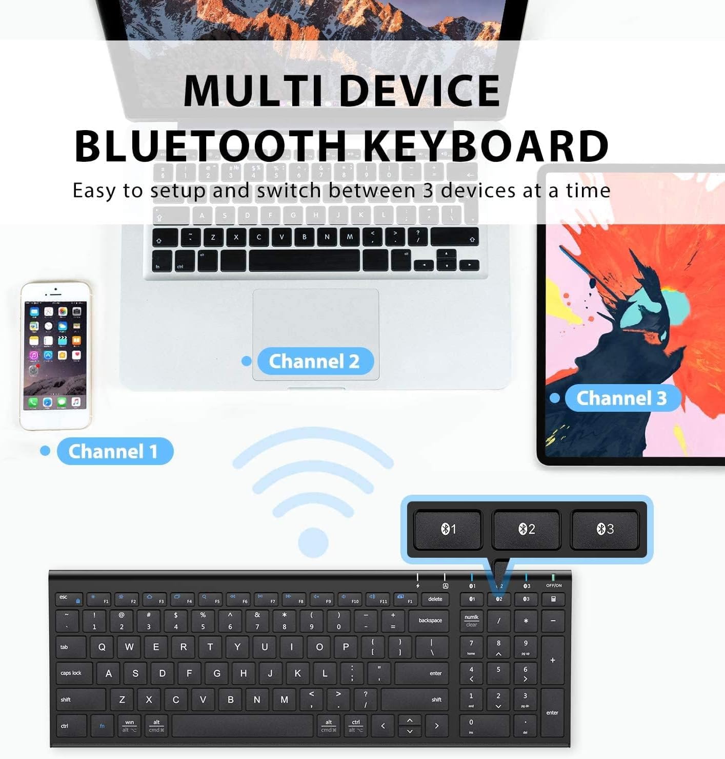 iClever BK10 Bluetooth Keyboard, Universal Bluetooth 5.1 Wireless Keyboard with Number Pad, Ergonomic Design, Multi-Device Compatibility, Stable Connection for Mac, iPad, iPhone, Android, Windows - Image 2