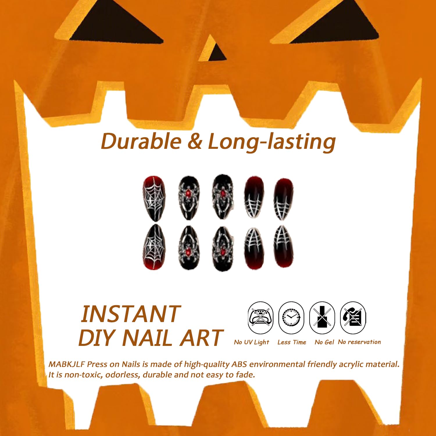 Halloween Press on Nails Medium Almond MABKJLF Spider Charms Fake Nails Red Gradient False Nails with Spider Web Designs Black Matte Acrylic Nails Glossy Glue on Nails for Women Girls 24 Pcs - Image 2