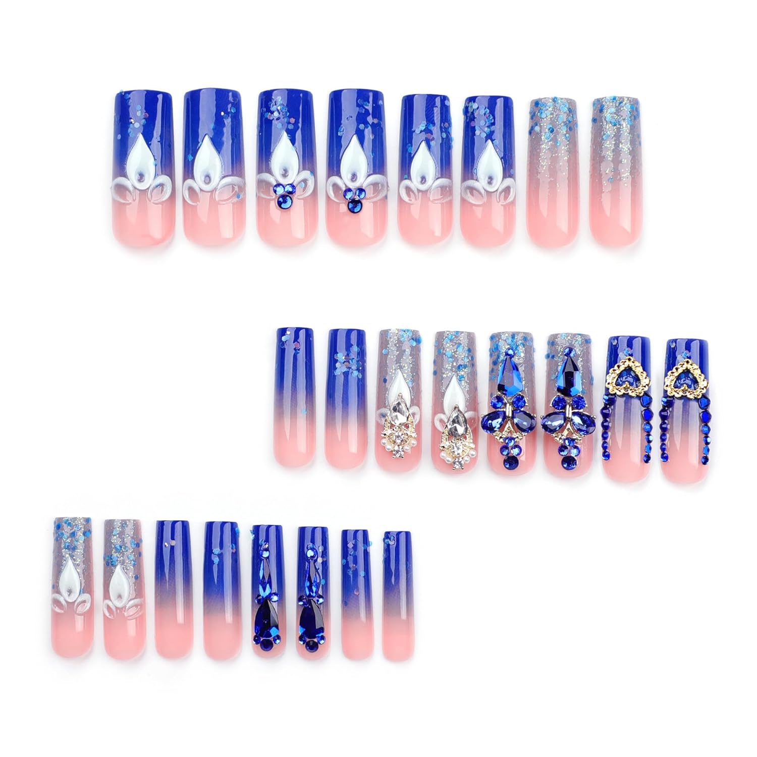 Royal Blue Press on Nails Long Length Square Shape Acrylic Fake Nails with Rhinestones Designs False Nails Mother'S Day Gift 24pcs - Image 4