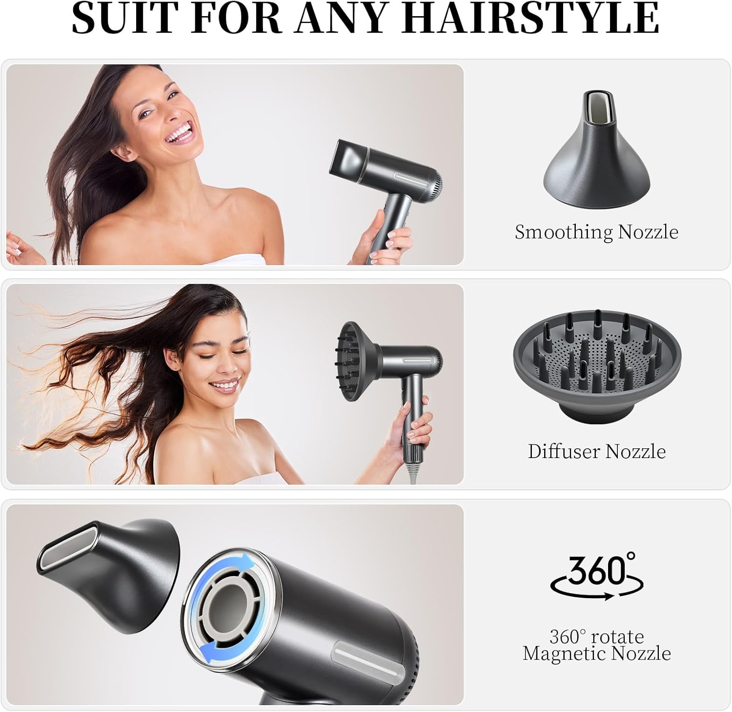 1600W Ionic Hair Dryer with Diffuser and Facial Mode Silver Gray - Image 6
