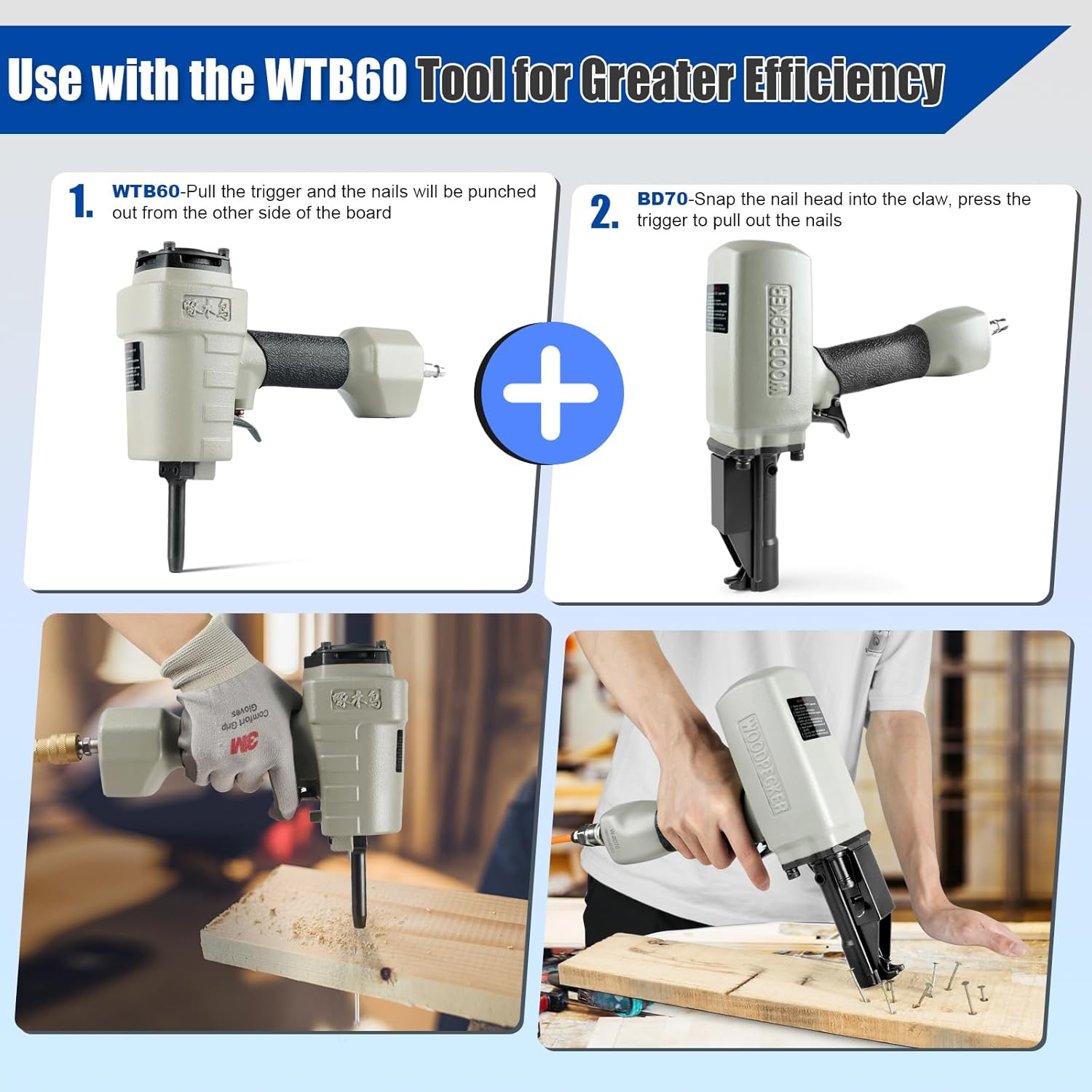 WOODPECKER BD70 Pneumatic Nail Puller Nail Remover Tool, Heavy Duty Air Denailer Gun for Recycling Wood and Pallets - Image 9