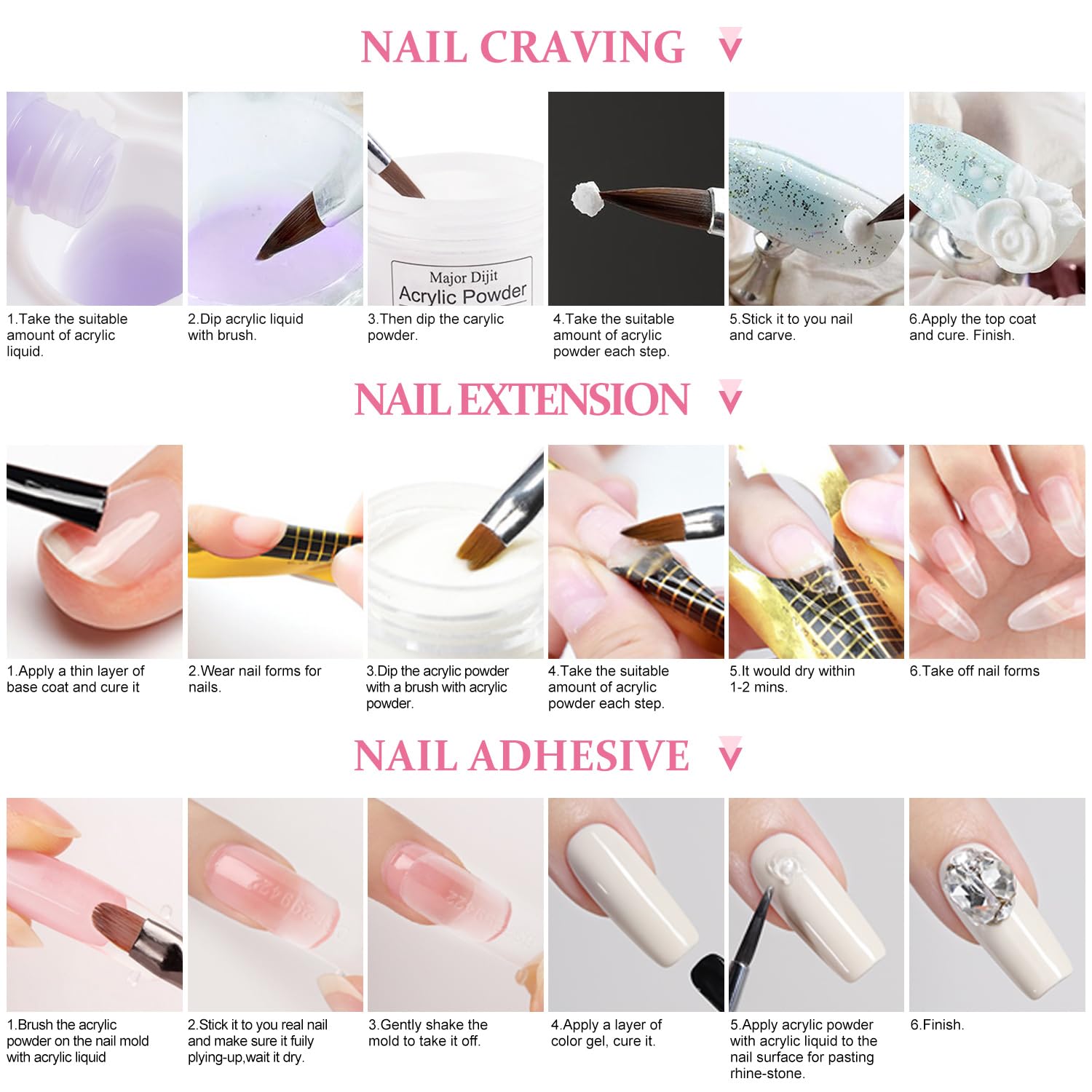 Acrylic Nail Kit Starter Set Acrylic Powder with Nail Drill U V Light Professional Tools with Decoration Everything for Beginners Home Salon Gifts (Clear/White/Nude) - Image 8