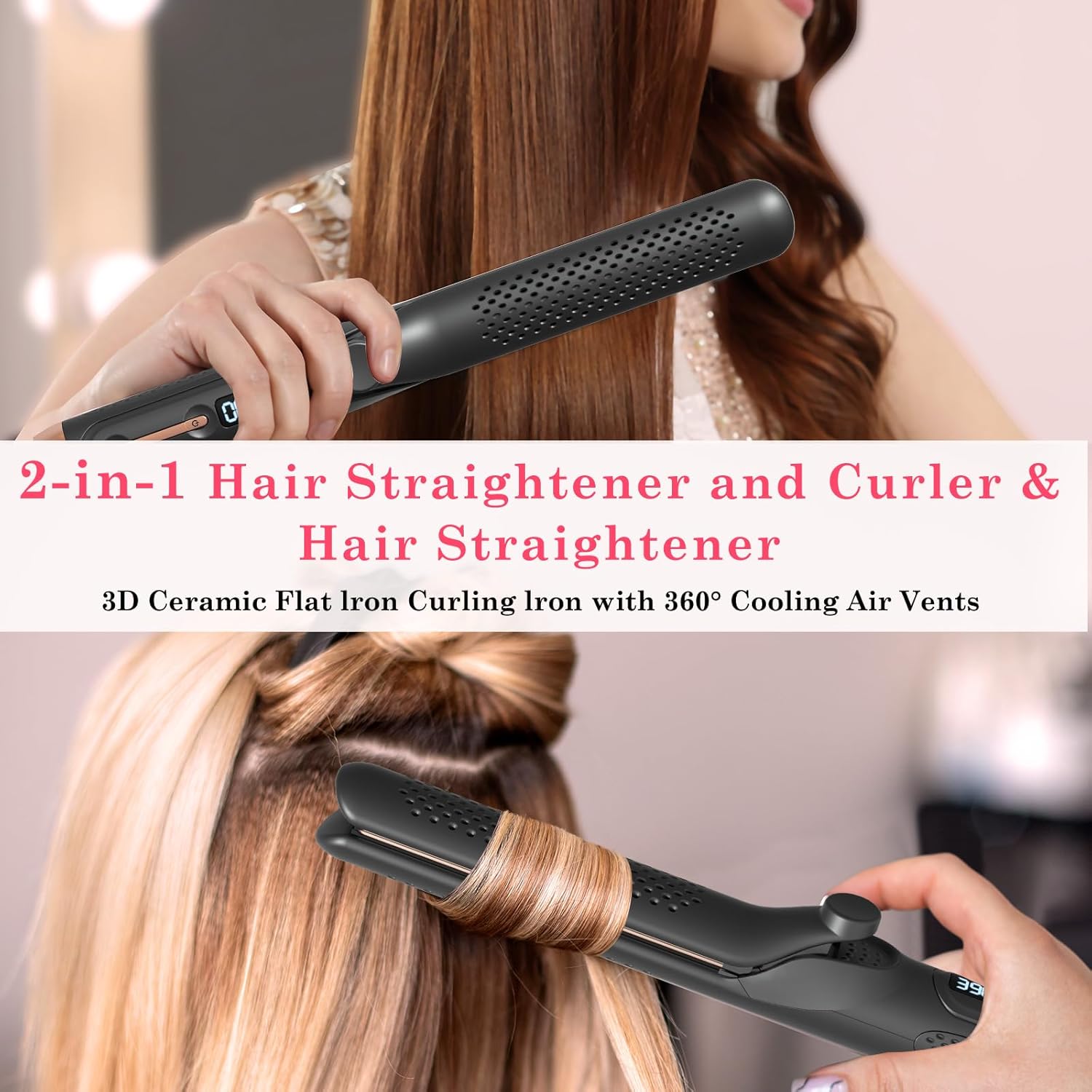 Hair Straightener and Curler 2-in-1, 360° Airflow Styler Curling Iron, 1.25 Inch Curling Wand, 20 Million Negative Ion Hair Care, 5 Temps & Auto Off, Dual Voltage (Black) - Image 4