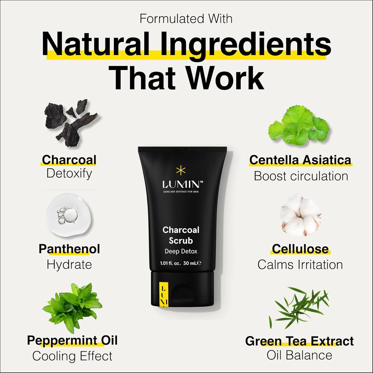 Lumin - Charcoal Scrub Deep Detox for Men - Face Cleanser for Men, Pre Shave Scrub, A charcoal face exfoliator that refreshes & rejuvenates the skin, Suitable for all skin types, 30ml, 1-Pack - Image 2