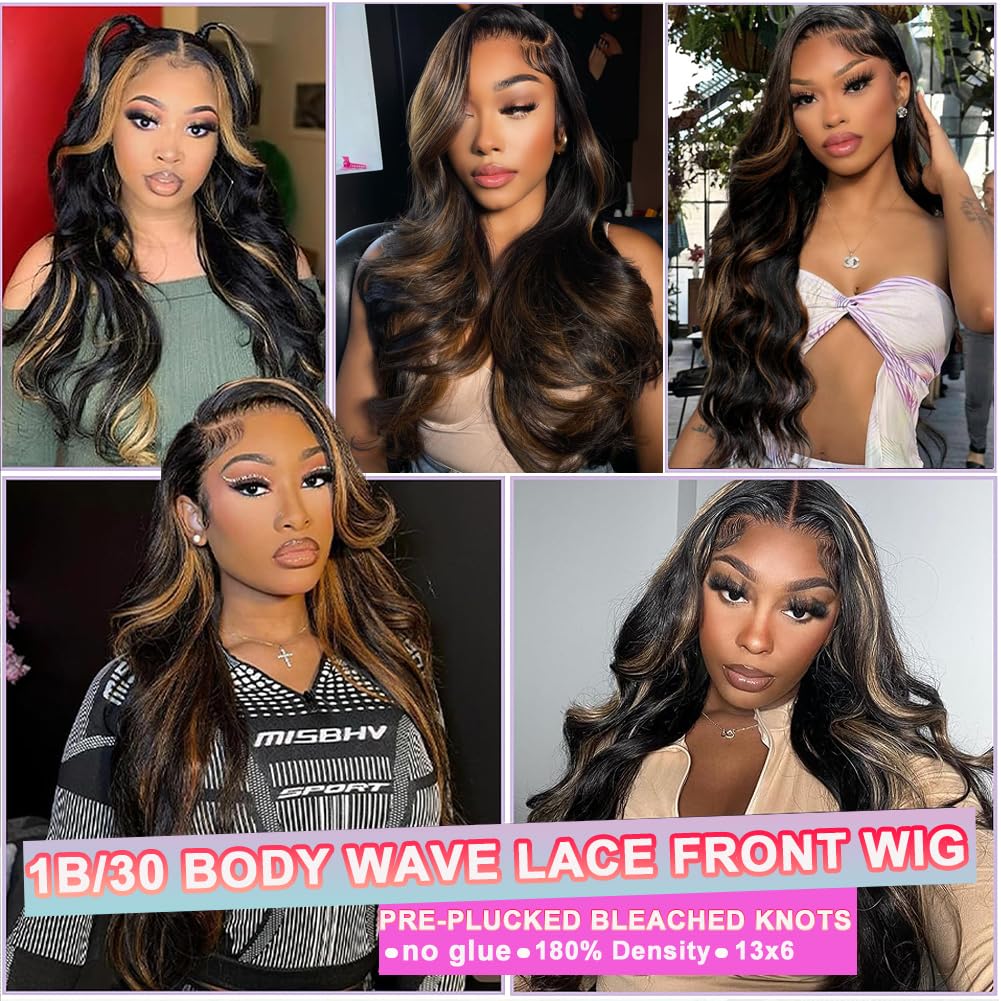 13x6 Ombre Human Hair Lace Front Wig 1B/30 Highlight 26 Inch Body Wave 180% Density HD Transparent - Image 2