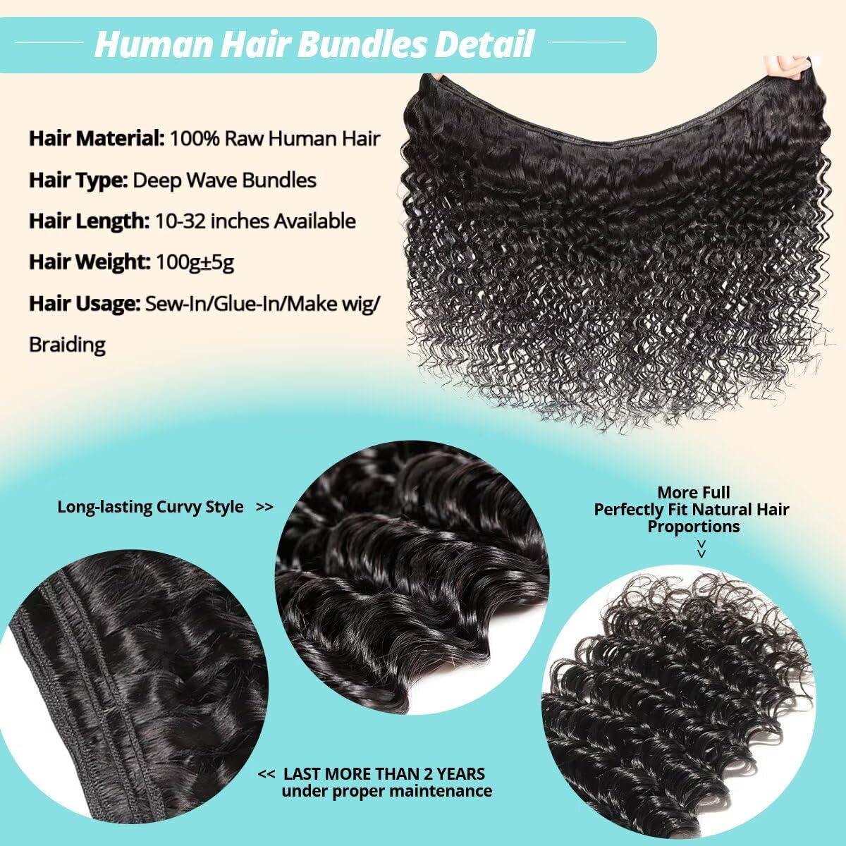 12A Human Hair Bundles 22 24 26 28 Inch Deep Wave Bundles Human Hair 100% Unprocessed Brazilian Virgin Deep Curly Weave 4 Bundle Water Wavy Hair Extensions Real Human Hair 1B Bundle for Women - Image 3