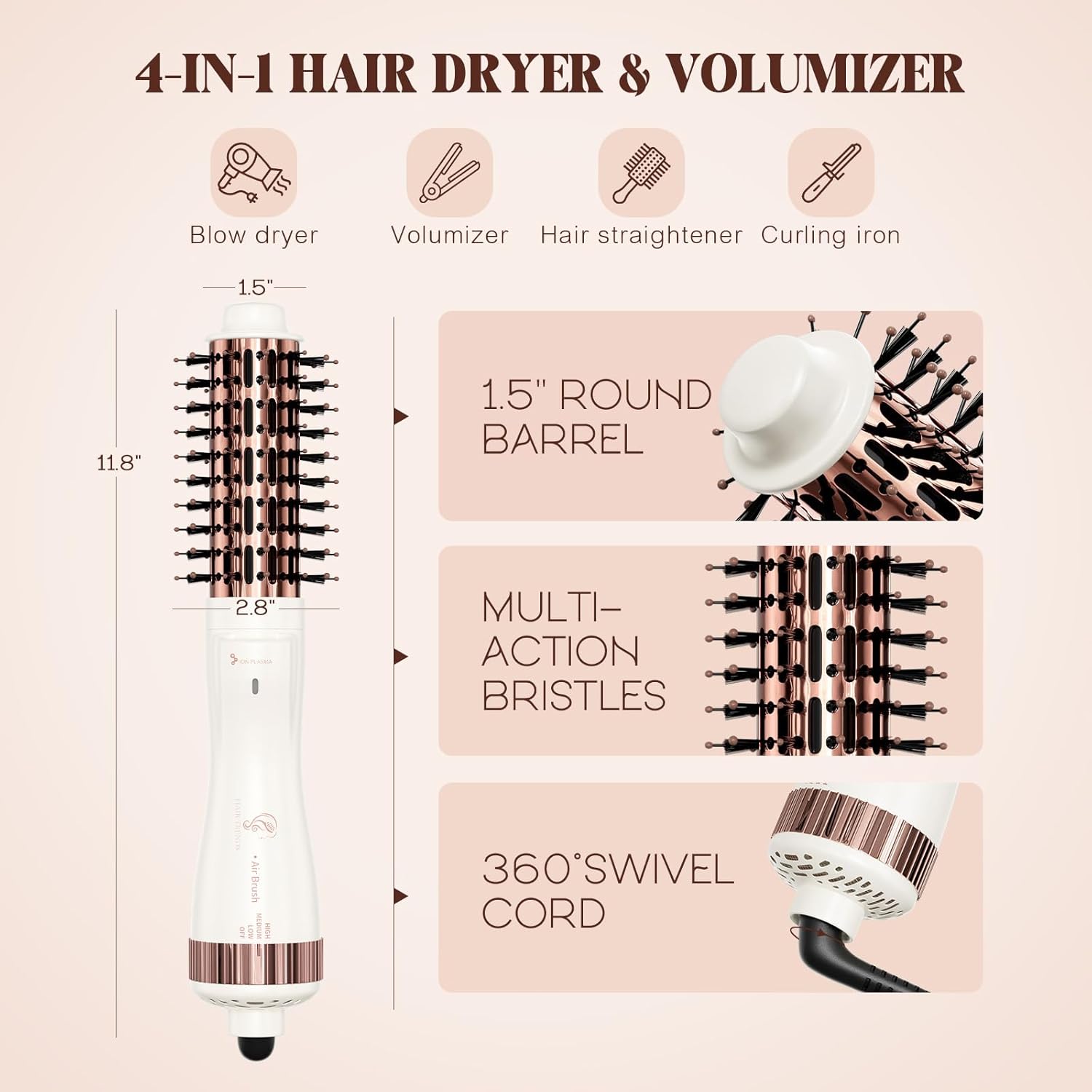Dual Voltage(110~250V) 1.8 Inch Barrel Round Brush Blow Dryer, Hair Dryer Brush with European Plug Adapter, 4-in-1 Negative Ionic One Step Volumizer Dryer- 2.8 Inch Include Bristles - Image 7